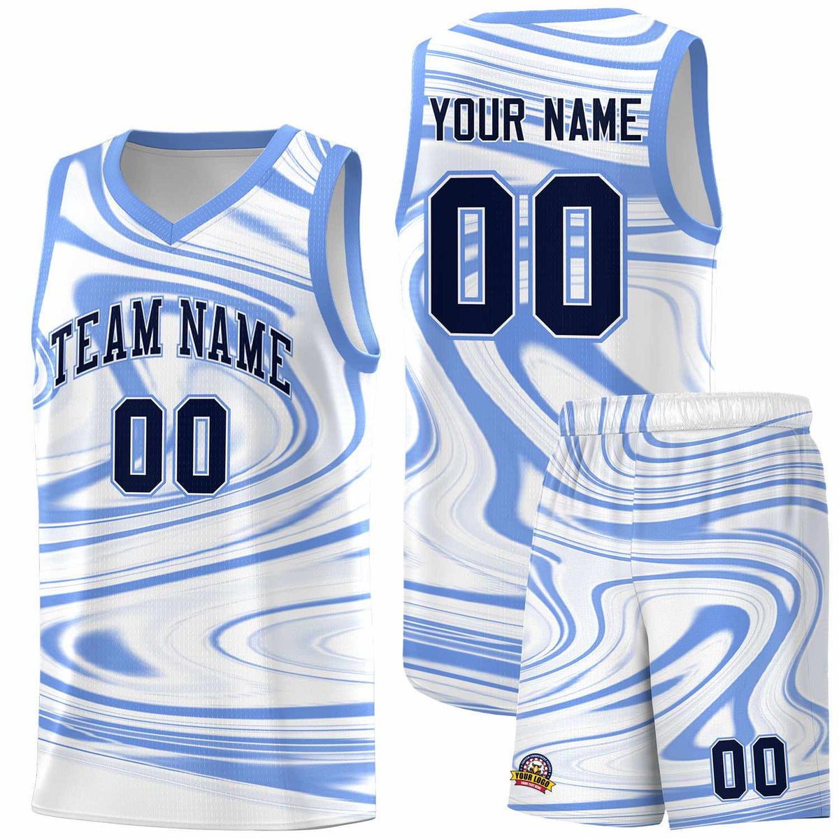 Custom White Light Blue Graffiti Pattern Fluids Style Sports Uniform Basketball Jersey Kits|KXKSHOP
