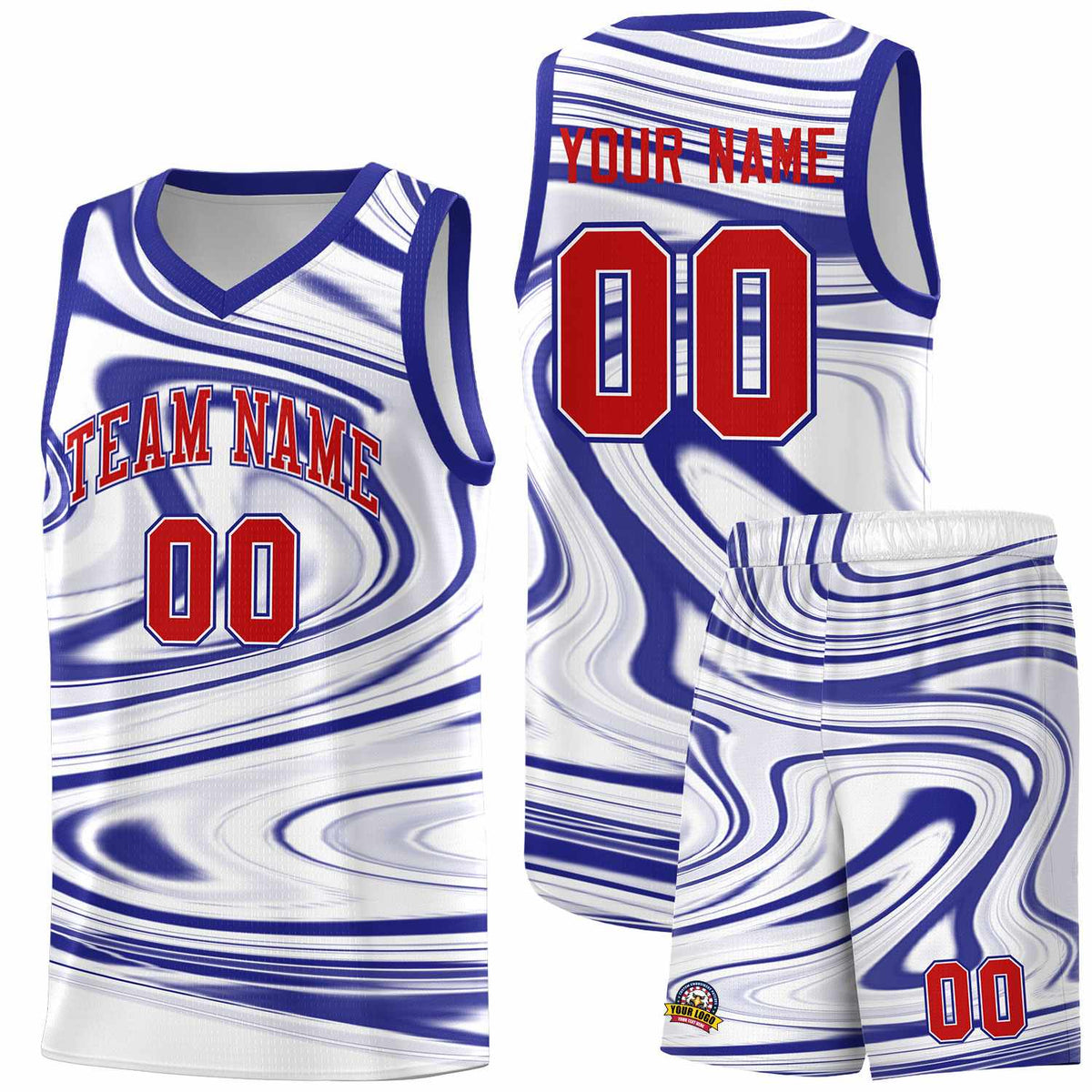 Custom White Royal Graffiti Pattern Fluids Style Sports Uniform Basketball Jersey Kits|KXKSHOP