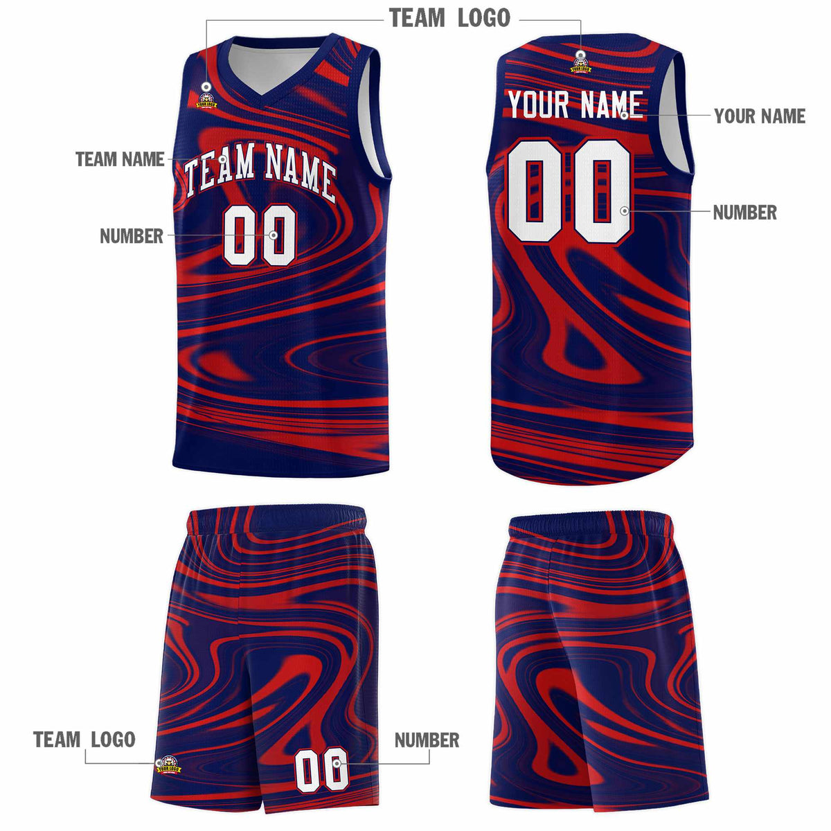 Custom Navy Red Graffiti Pattern Fluids Style Sports Uniform Basketball Jersey Kits|KXKSHOP