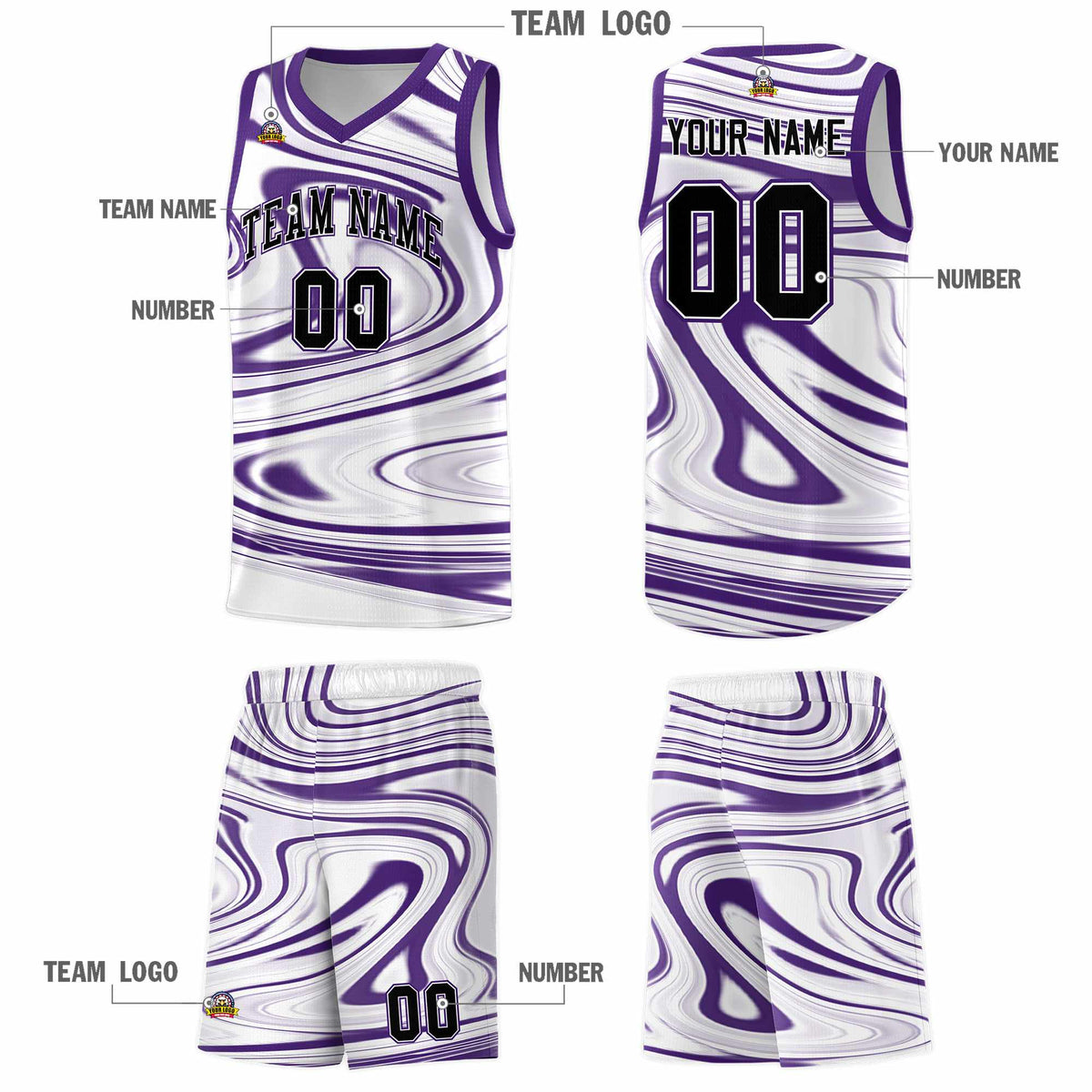 Custom White Purple Graffiti Pattern Fluids Style Sports Uniform Basketball Jersey Kits|KXKSHOP