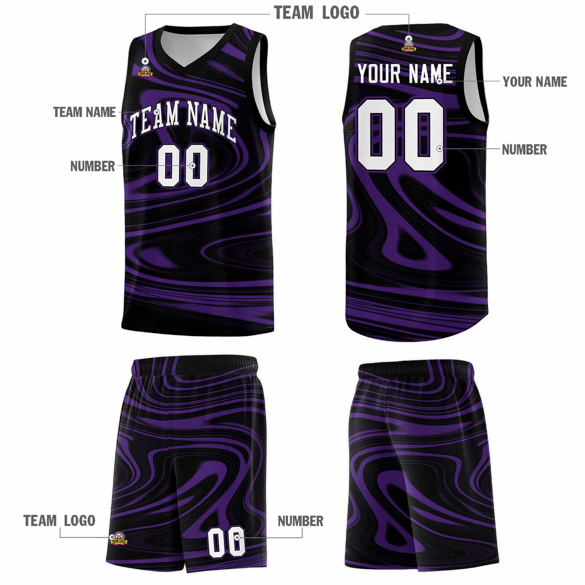 Custom Black Purple Graffiti Pattern Fluids Style Sports Uniform Basketball Jersey Kits|KXKSHOP