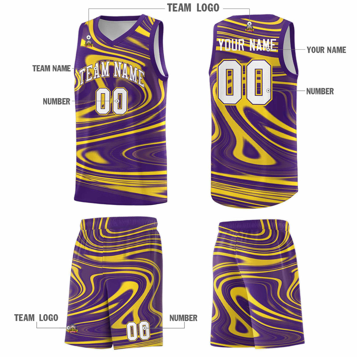 Custom Purple Gold Graffiti Pattern Fluids Style Sports Uniform Basketball Jersey Kits|KXKSHOP