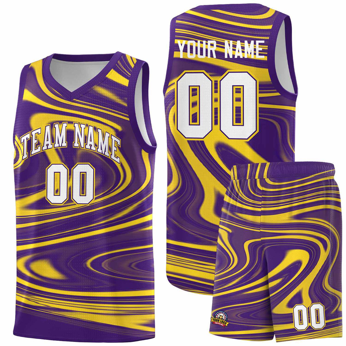 Custom Purple Gold Graffiti Pattern Fluids Style Sports Uniform Basketball Jersey Kits|KXKSHOP