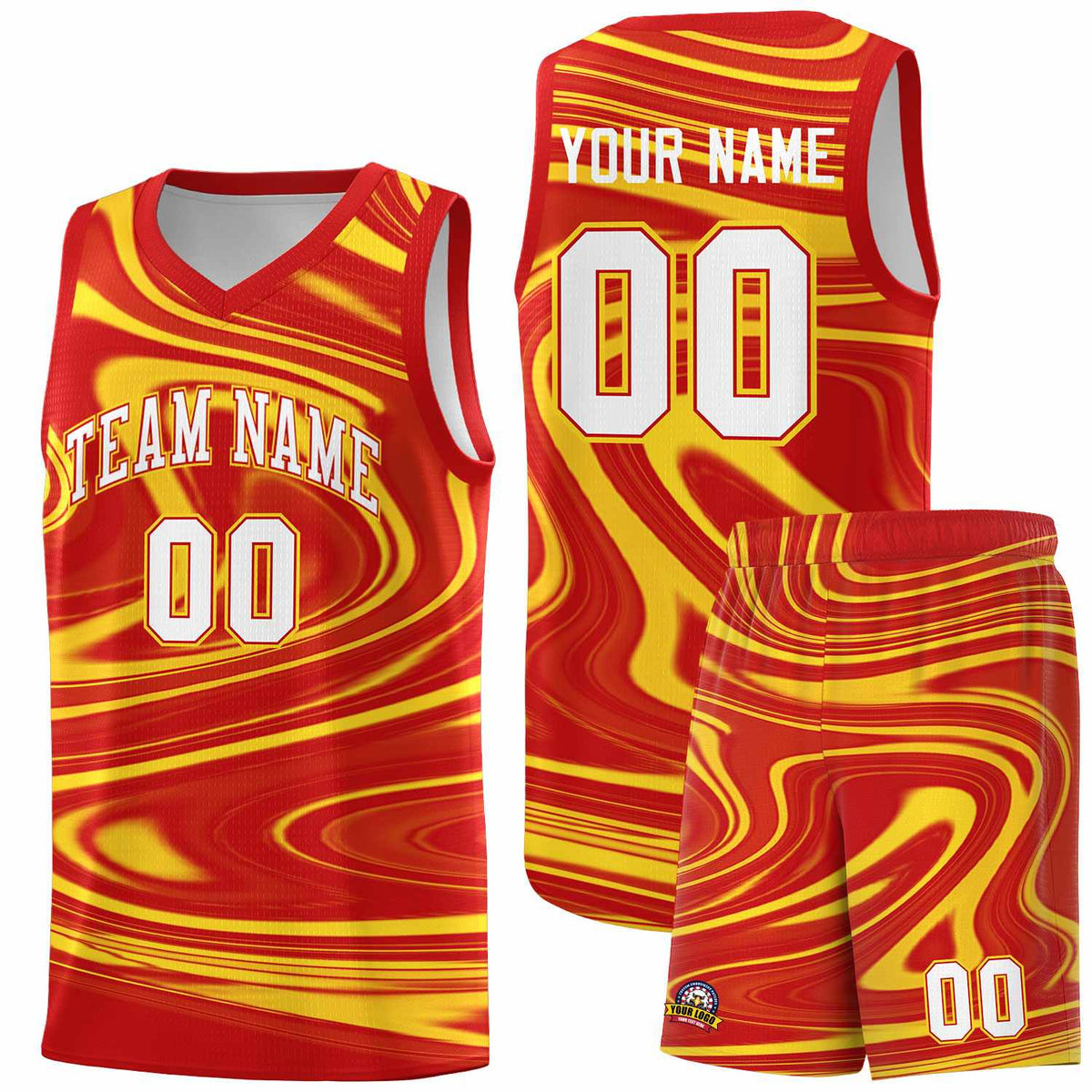 Custom Red Gold Graffiti Pattern Fluids Style Sports Uniform Basketball Jersey Kits|KXKSHOP