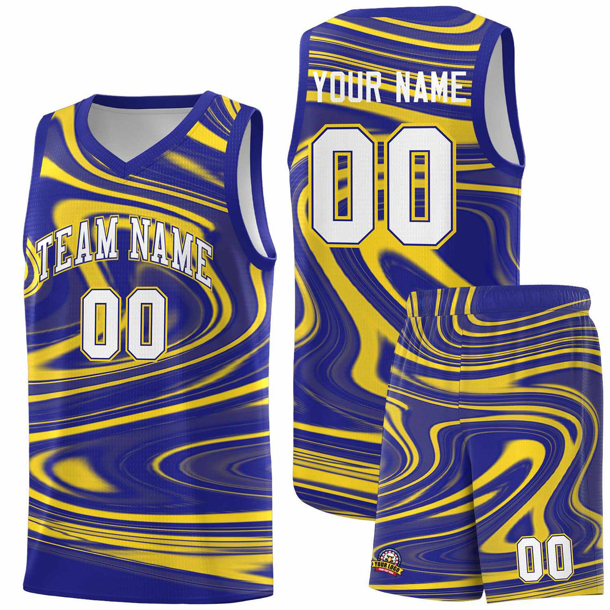 Custom Royal Gold Graffiti Pattern Fluids Style Sports Uniform Basketball Jersey Kits|KXKSHOP