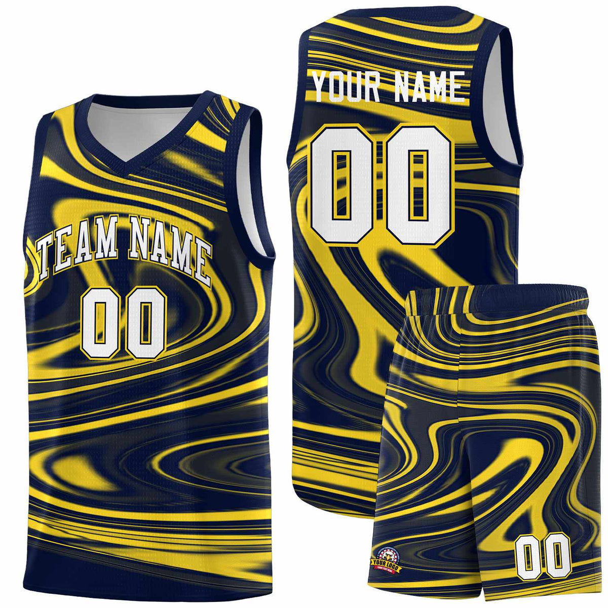 Custom Navy Gold Graffiti Pattern Fluids Style Sports Uniform Basketball Jersey Kits|KXKSHOP