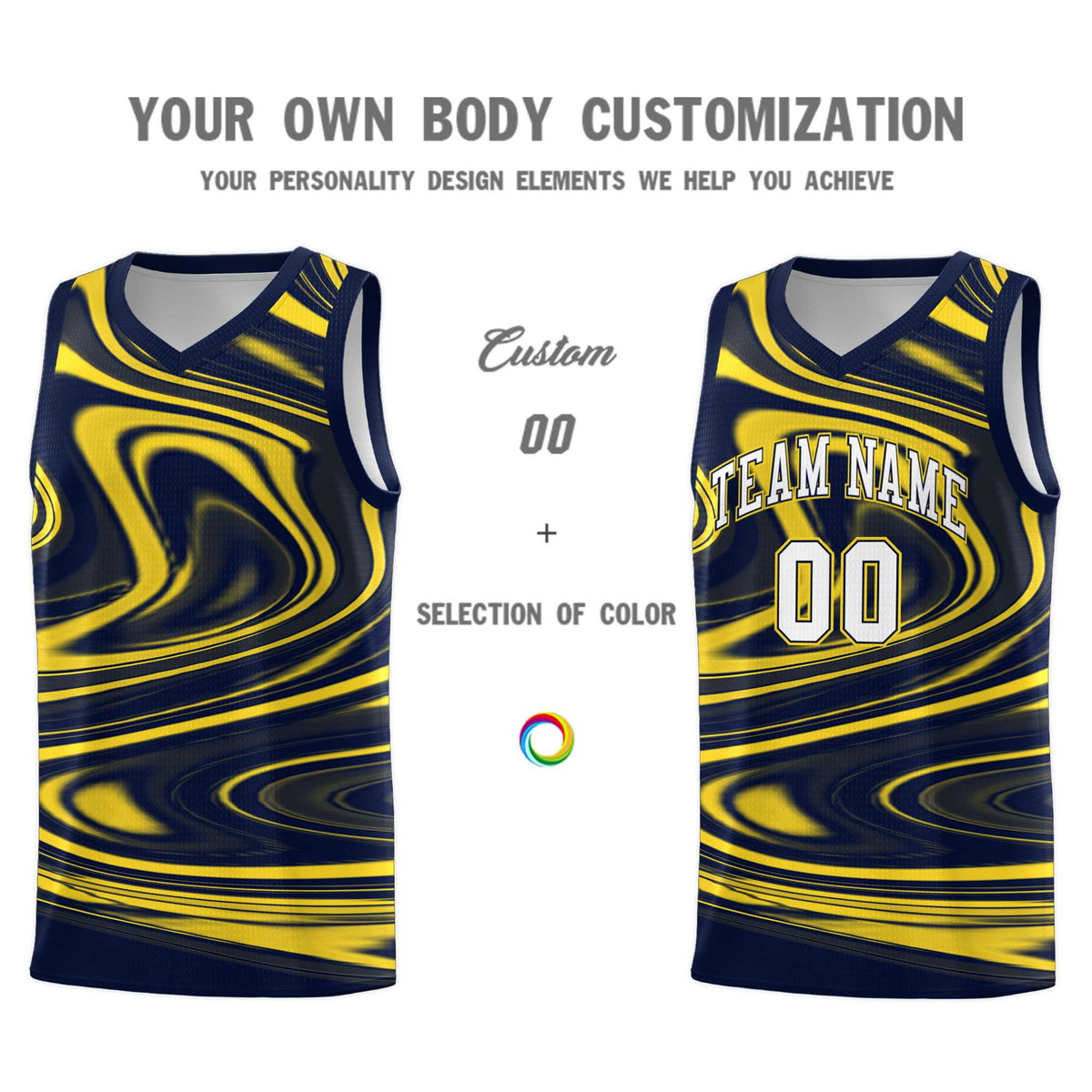 Custom Navy Gold Graffiti Pattern Fluids Style Sports Uniform Basketball Jersey Kits|KXKSHOP