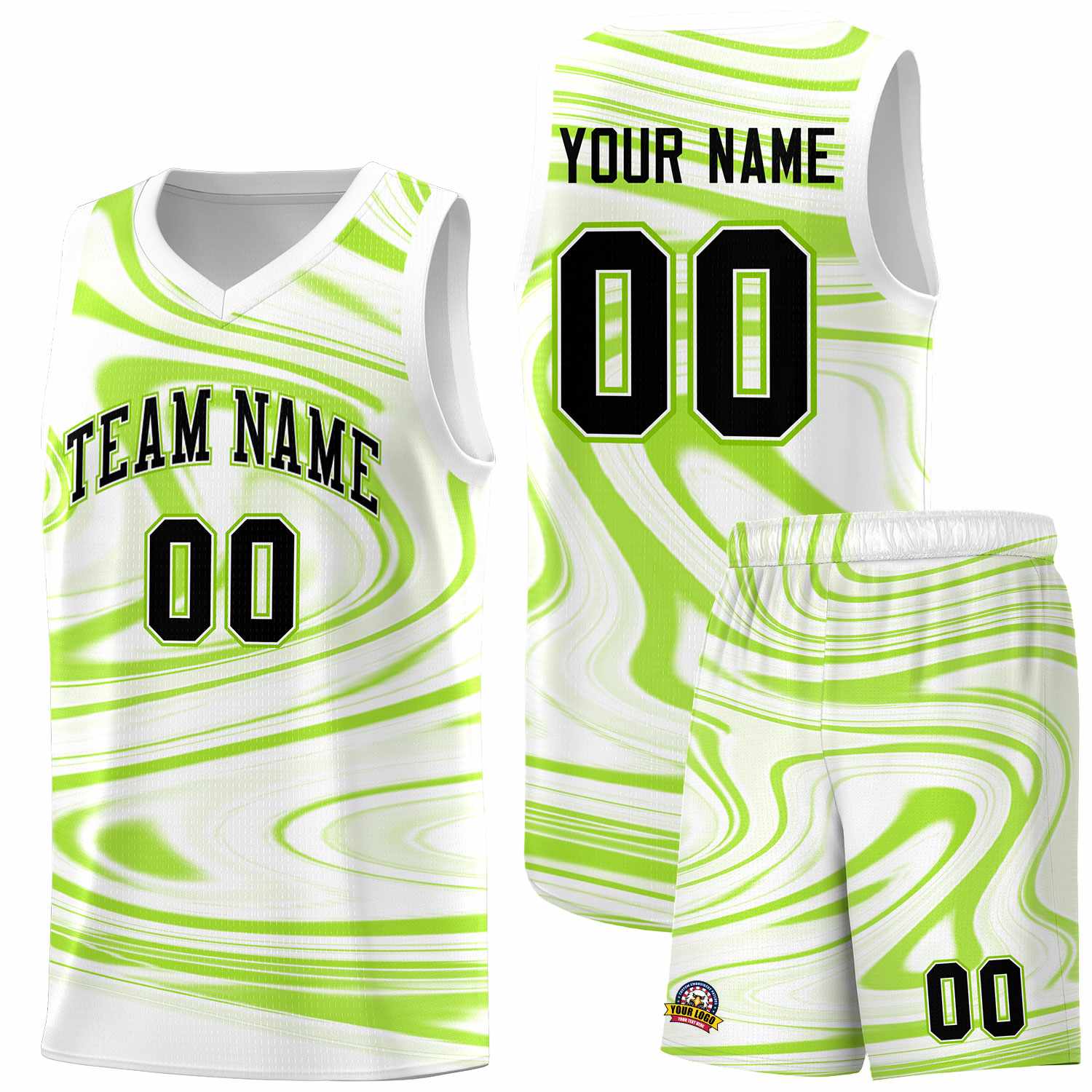 Custom White Light Green Graffiti Pattern Fluids Style Sports Uniform Basketball Jersey Kits|KXKSHOP