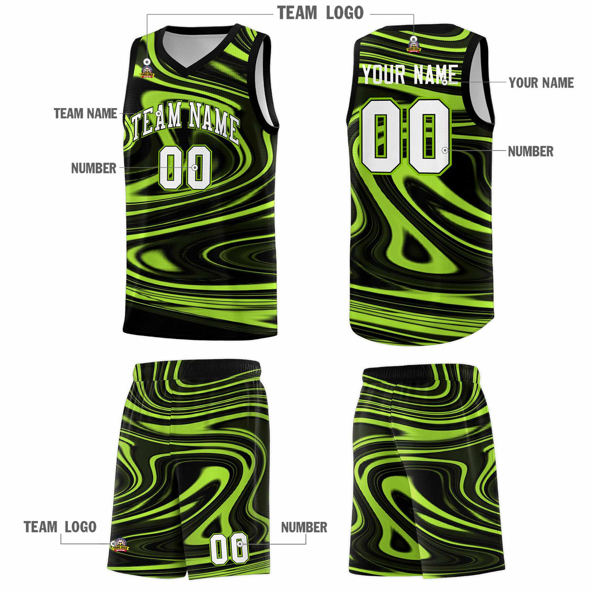 Custom Black Light Green Graffiti Pattern Fluids Style Sports Uniform Basketball Jersey Kits|KXKSHOP