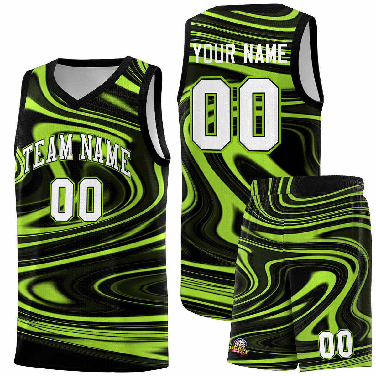 Custom Black Light Green Graffiti Pattern Fluids Style Sports Uniform Basketball Jersey Kits|KXKSHOP