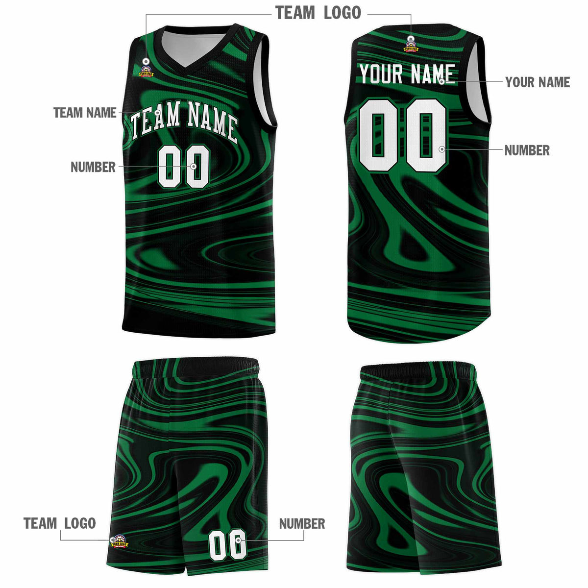 Custom Black Kelly Green Graffiti Pattern Fluids Style Sports Uniform Basketball Jersey Kits|KXKSHOP