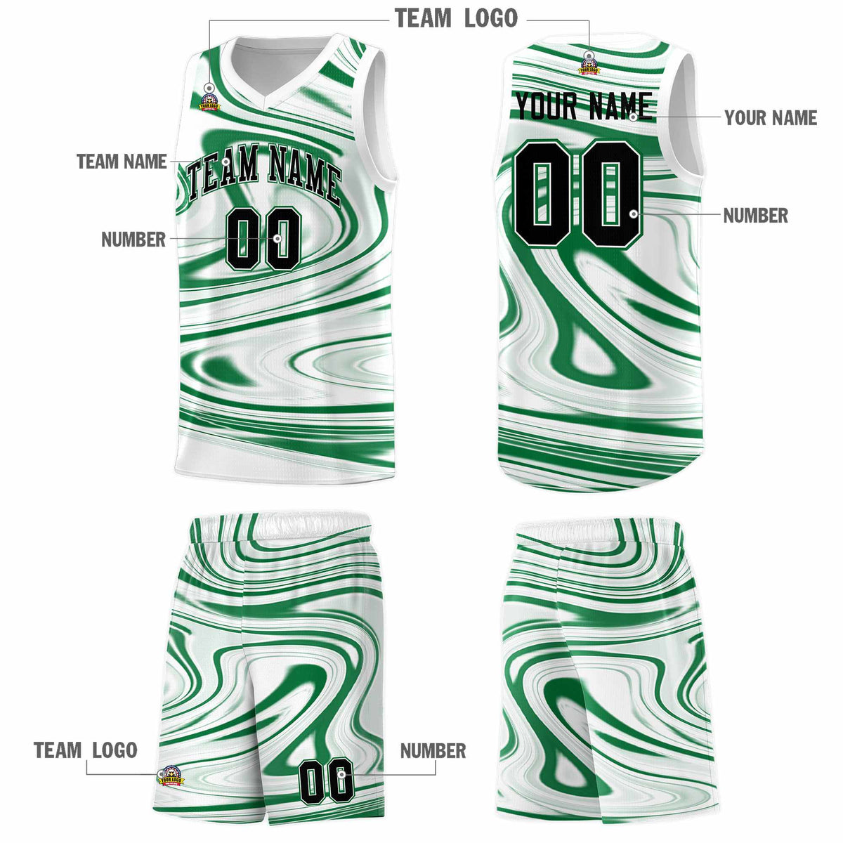 Custom White Kelly Green Graffiti Pattern Fluids Style Sports Uniform Basketball Jersey Kits|KXKSHOP