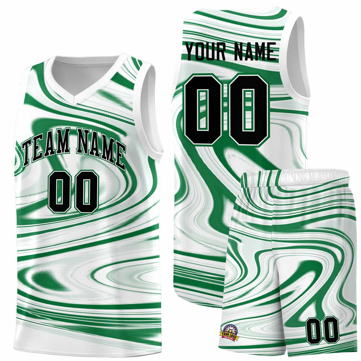 Custom White Kelly Green Graffiti Pattern Fluids Style Sports Uniform Basketball Jersey Kits|KXKSHOP