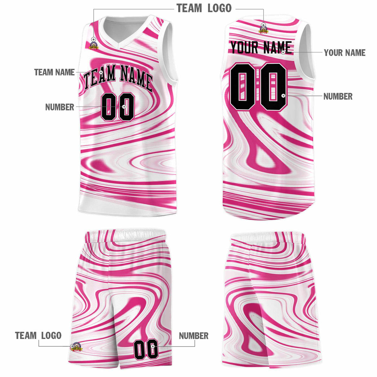 Custom White Pink Graffiti Pattern Fluids Style Sports Uniform Basketball Jersey Kits|KXKSHOP