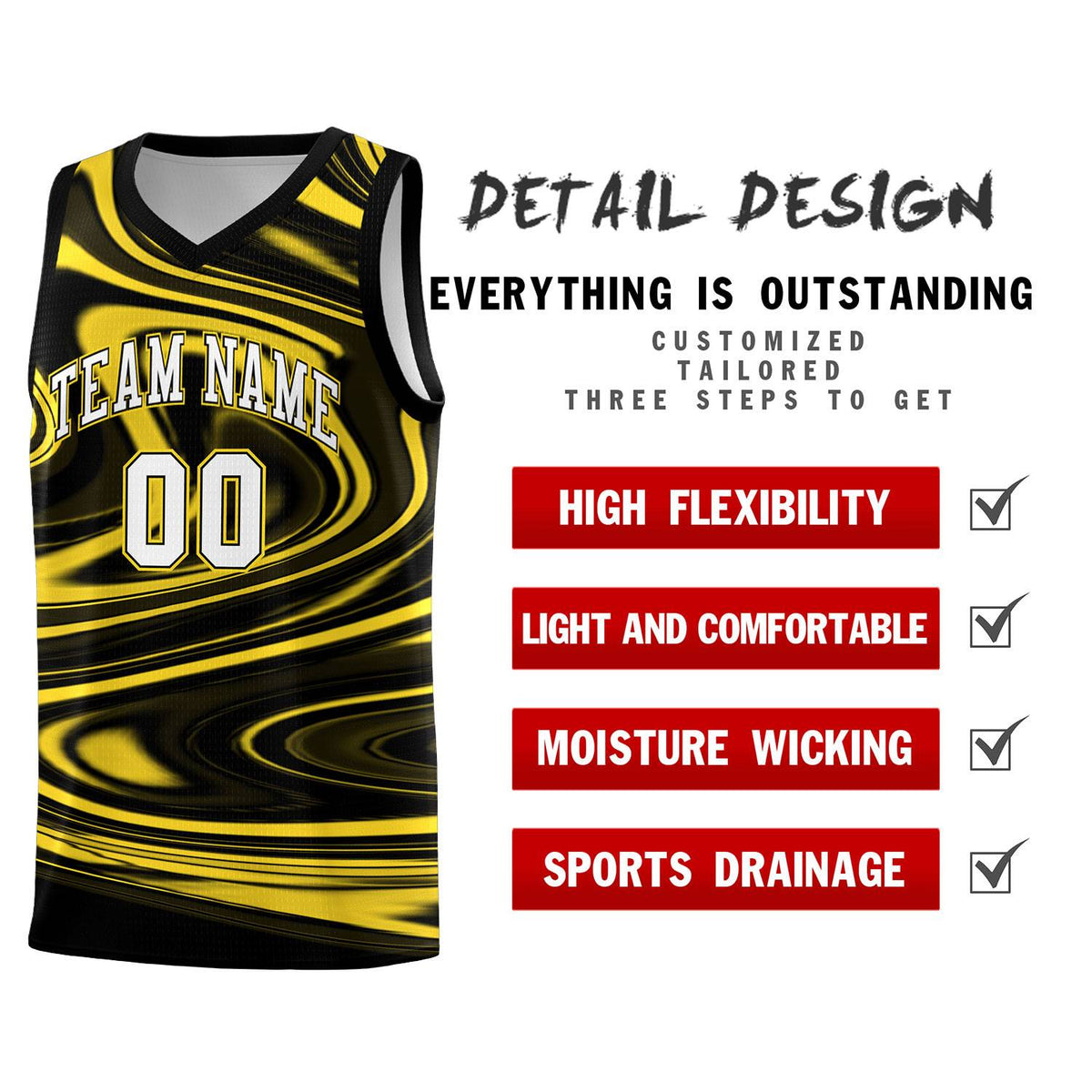 Custom Black Gold Graffiti Pattern Fluids Style Sports Uniform Basketball Jersey Kits|KXKSHOP