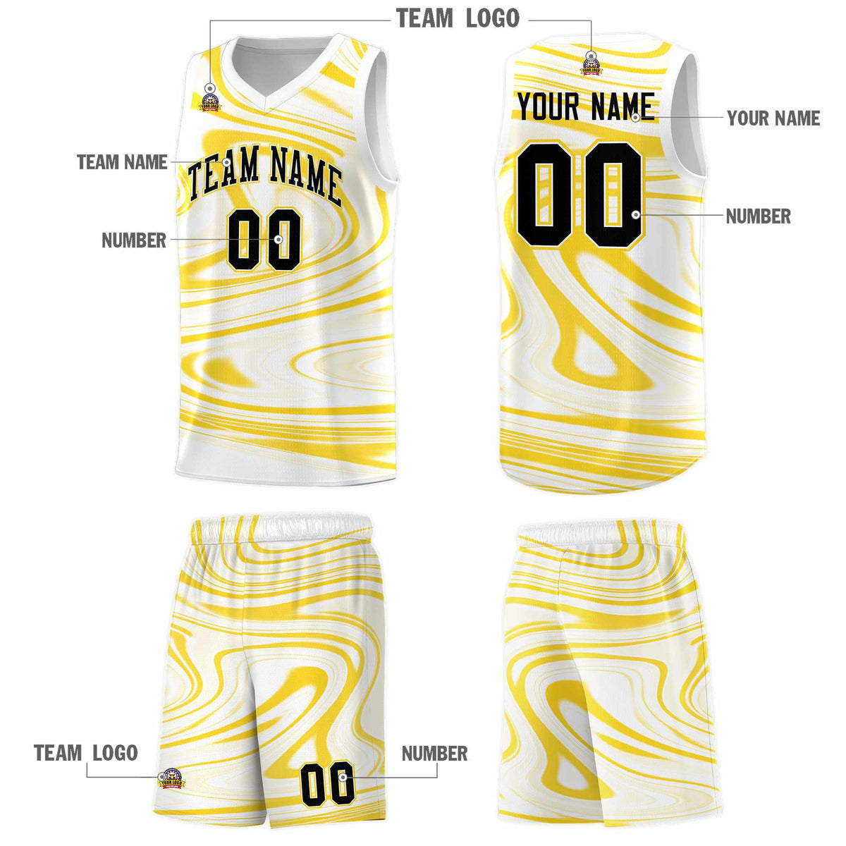 Custom White Gold Graffiti Pattern Fluids Style Sports Uniform Basketball Jersey Kits|KXKSHOP