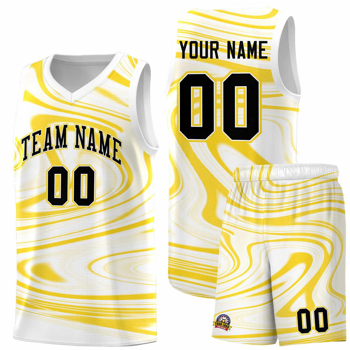 Custom White Gold Graffiti Pattern Fluids Style Sports Uniform Basketball Jersey Kits|KXKSHOP