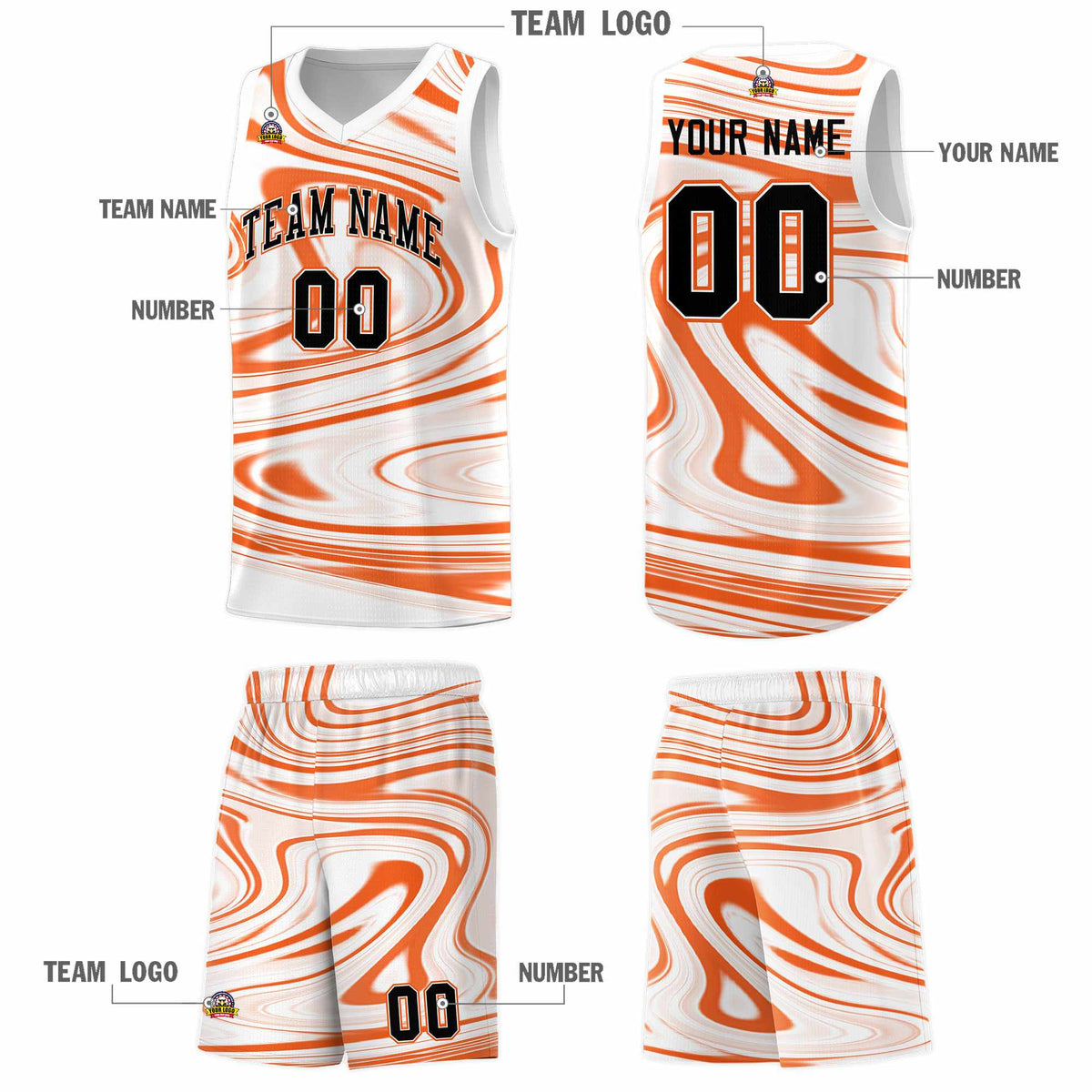 Custom White Orange Graffiti Pattern Fluids Style Sports Uniform Basketball Jersey Kits|KXKSHOP