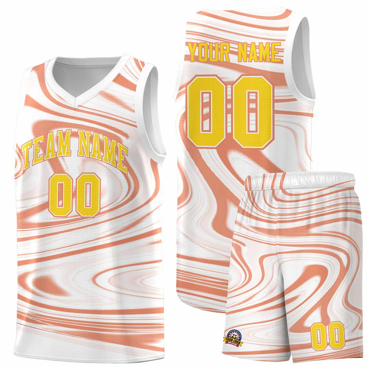 Custom White Light Orange Graffiti Pattern Fluids Style Sports Uniform Basketball Jersey Kits|KXKSHOP