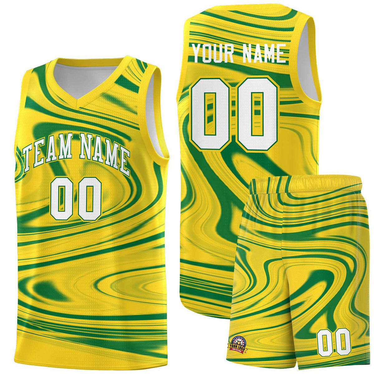 Custom Gold Kelly Green Graffiti Pattern Fluids Style Sports Uniform Basketball Jersey Kits|KXKSHOP