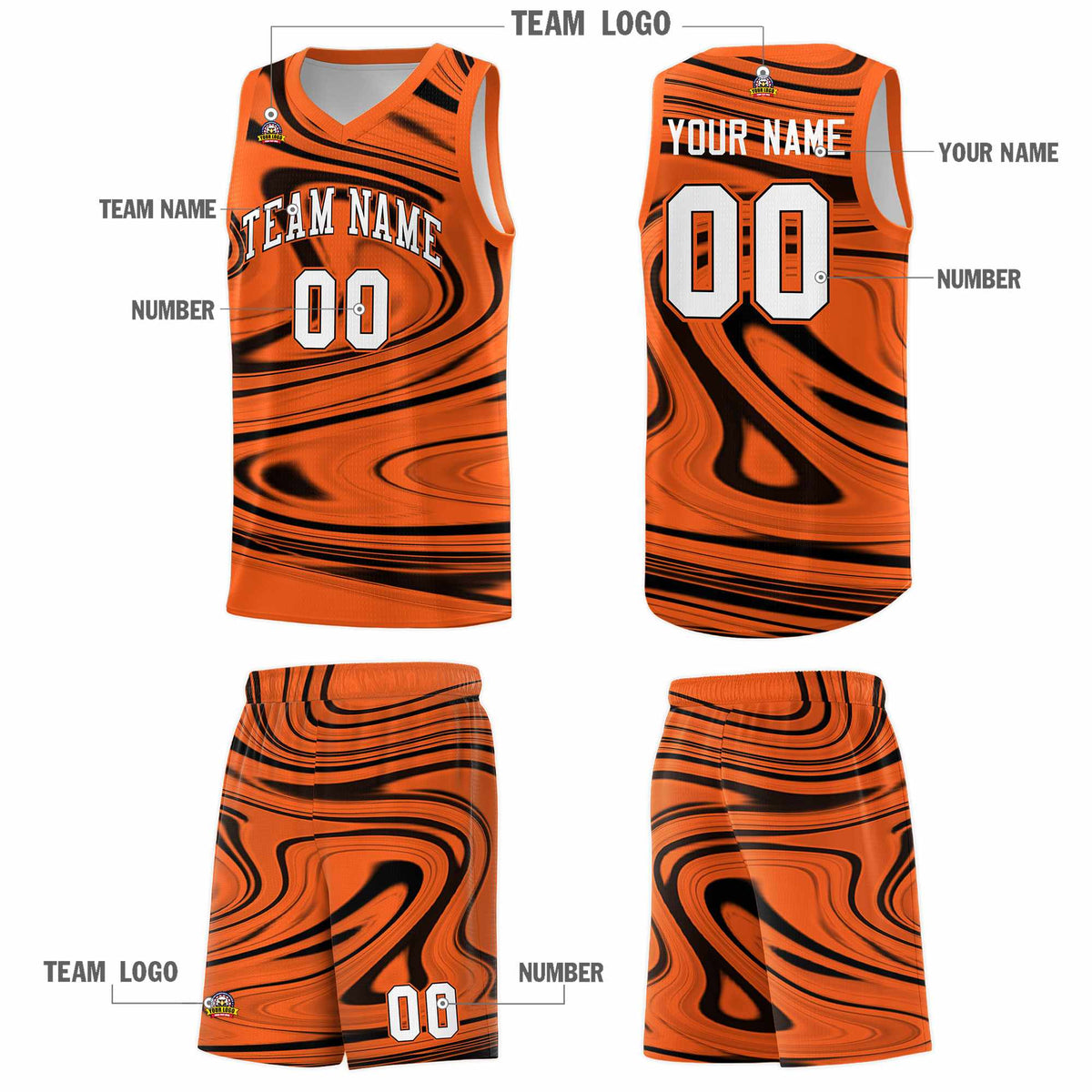 Custom Orange Black Graffiti Pattern Fluids Style Sports Uniform Basketball Jersey Kits|KXKSHOP