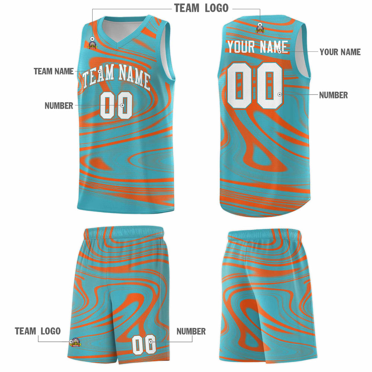 Custom Aqua Orange Graffiti Pattern Fluids Style Sports Uniform Basketball Jersey Kits|KXKSHOP
