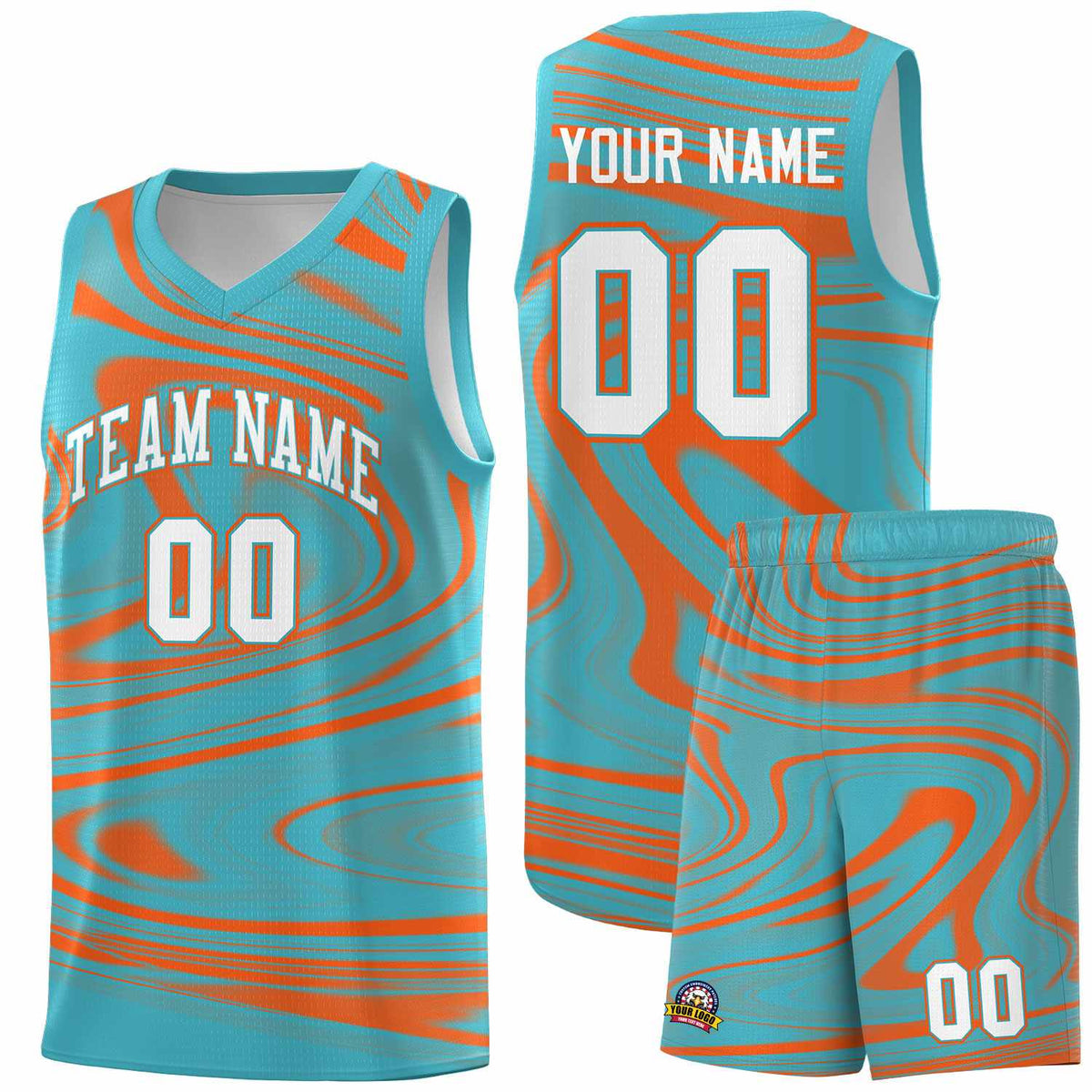 Custom Aqua Orange Graffiti Pattern Fluids Style Sports Uniform Basketball Jersey Kits|KXKSHOP