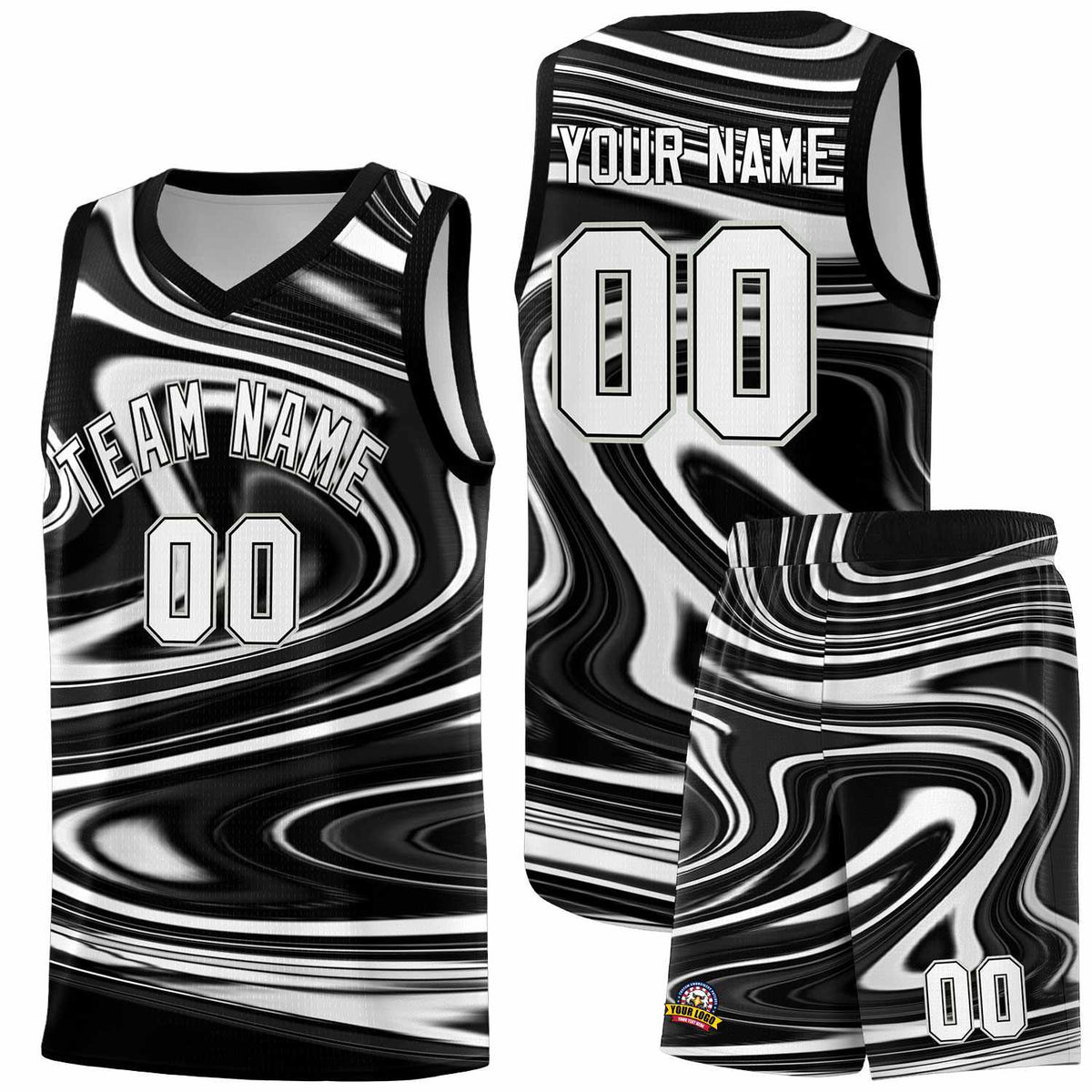 Custom Black White Graffiti Pattern Fluids Style Sports Uniform Basketball Jersey Kits|KXKSHOP