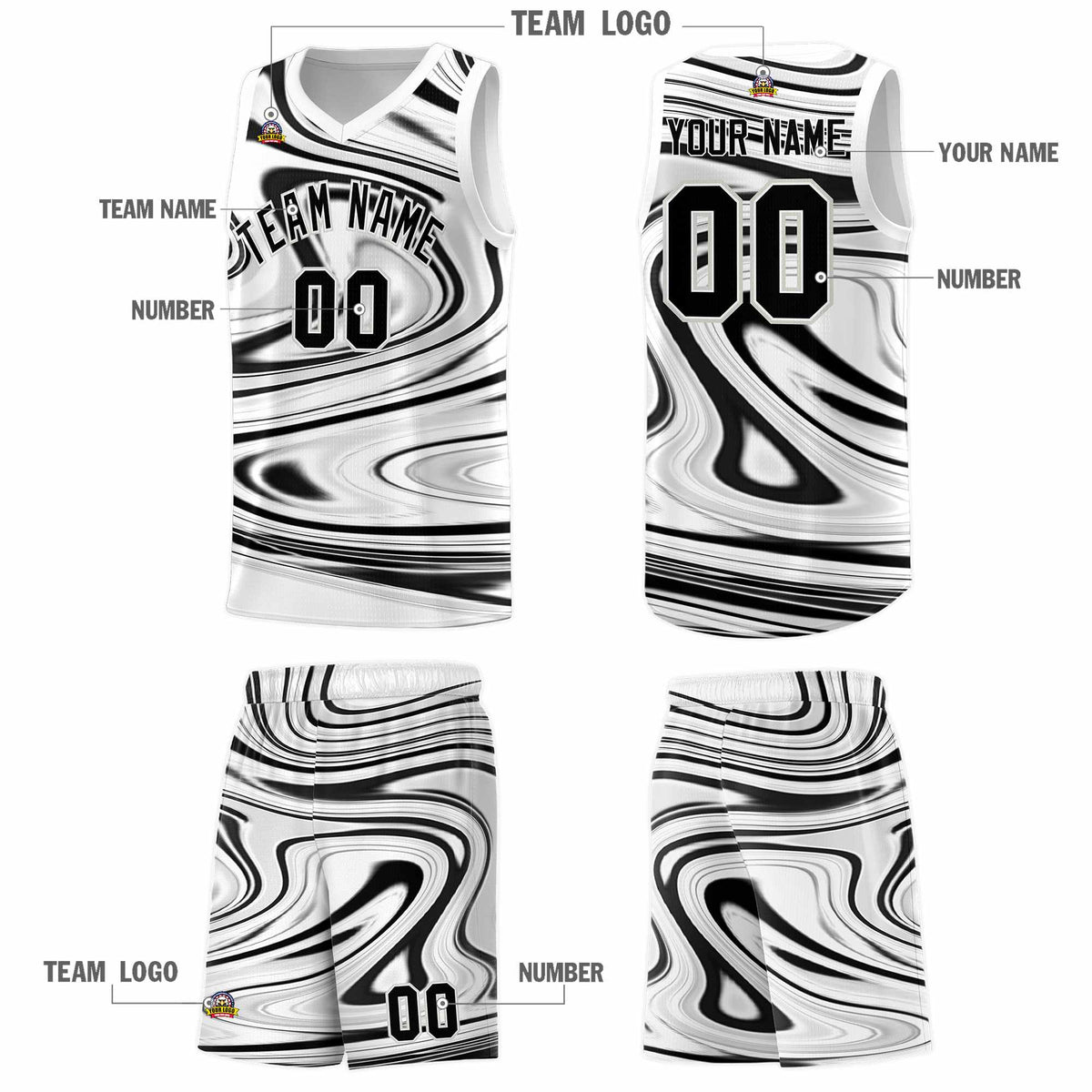 Custom White Black Graffiti Pattern Fluids Style Sports Uniform Basketball Jersey Kits|KXKSHOP