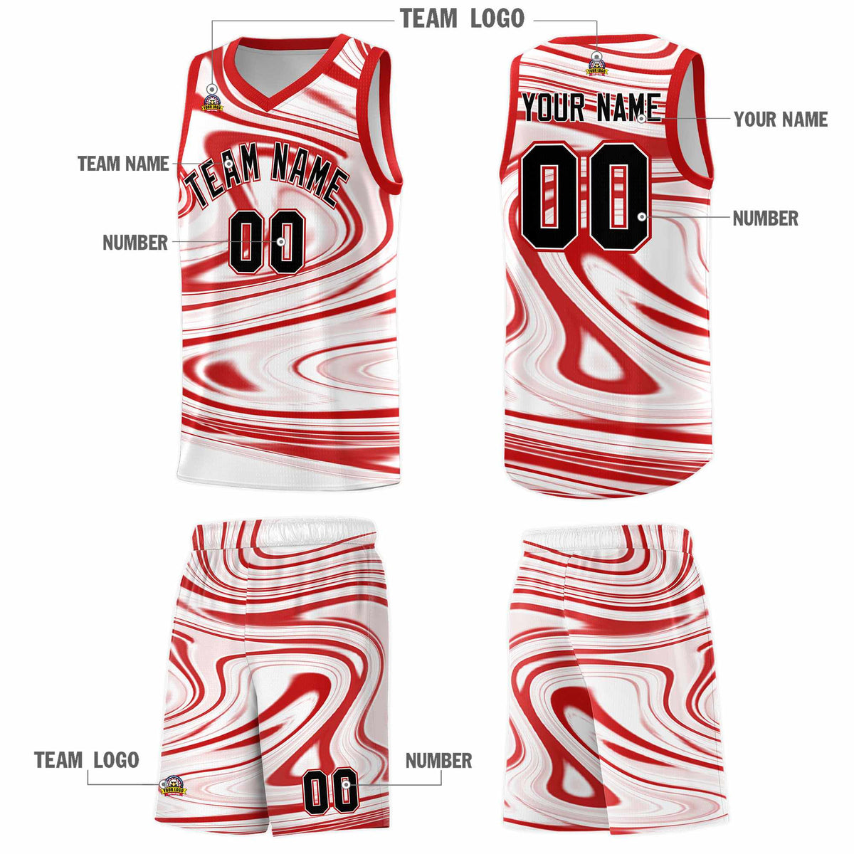 Custom White Red Graffiti Pattern Fluids Style Sports Uniform Basketball Jersey Kits|KXKSHOP