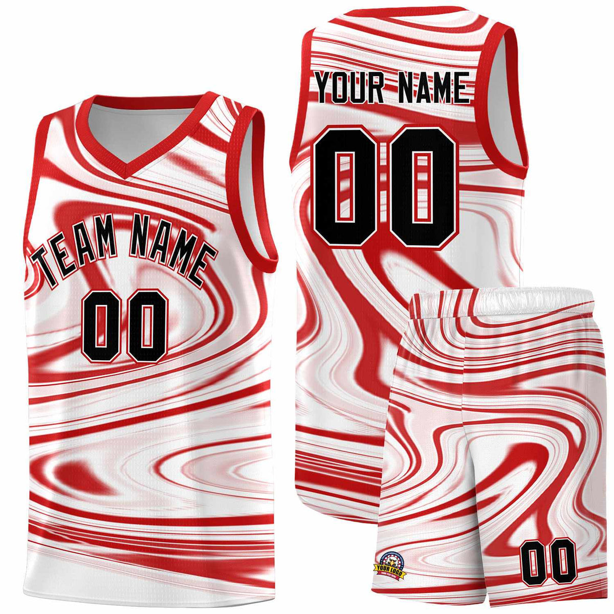 Custom White Red Graffiti Pattern Fluids Style Sports Uniform Basketball Jersey Kits|KXKSHOP