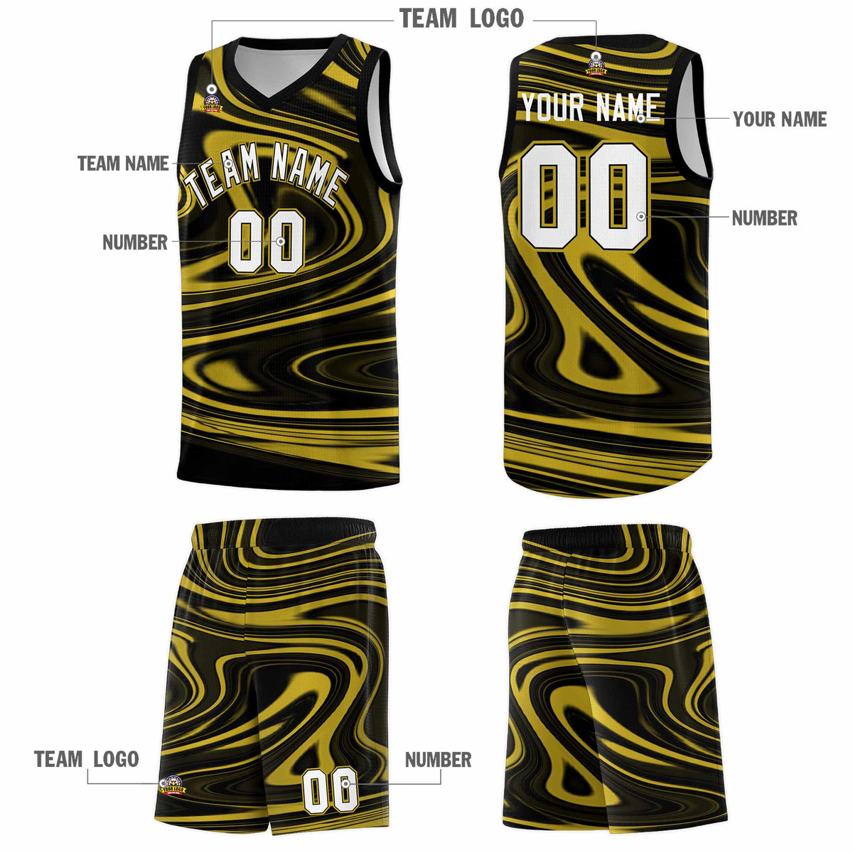 Custom Black Old Gold Graffiti Pattern Fluids Style Sports Uniform Basketball Jersey Kits|KXKSHOP