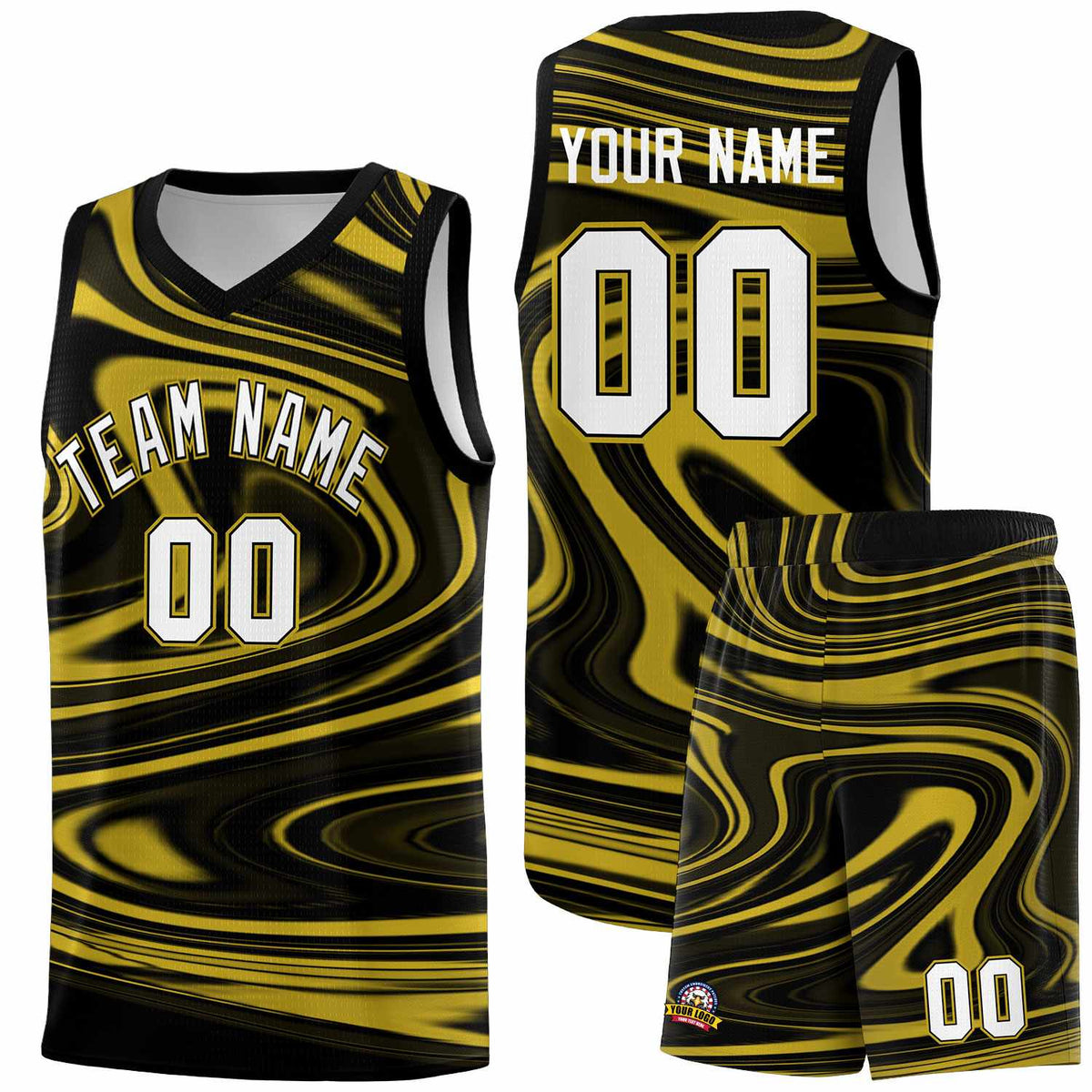 Custom Black Old Gold Graffiti Pattern Fluids Style Sports Uniform Basketball Jersey Kits|KXKSHOP