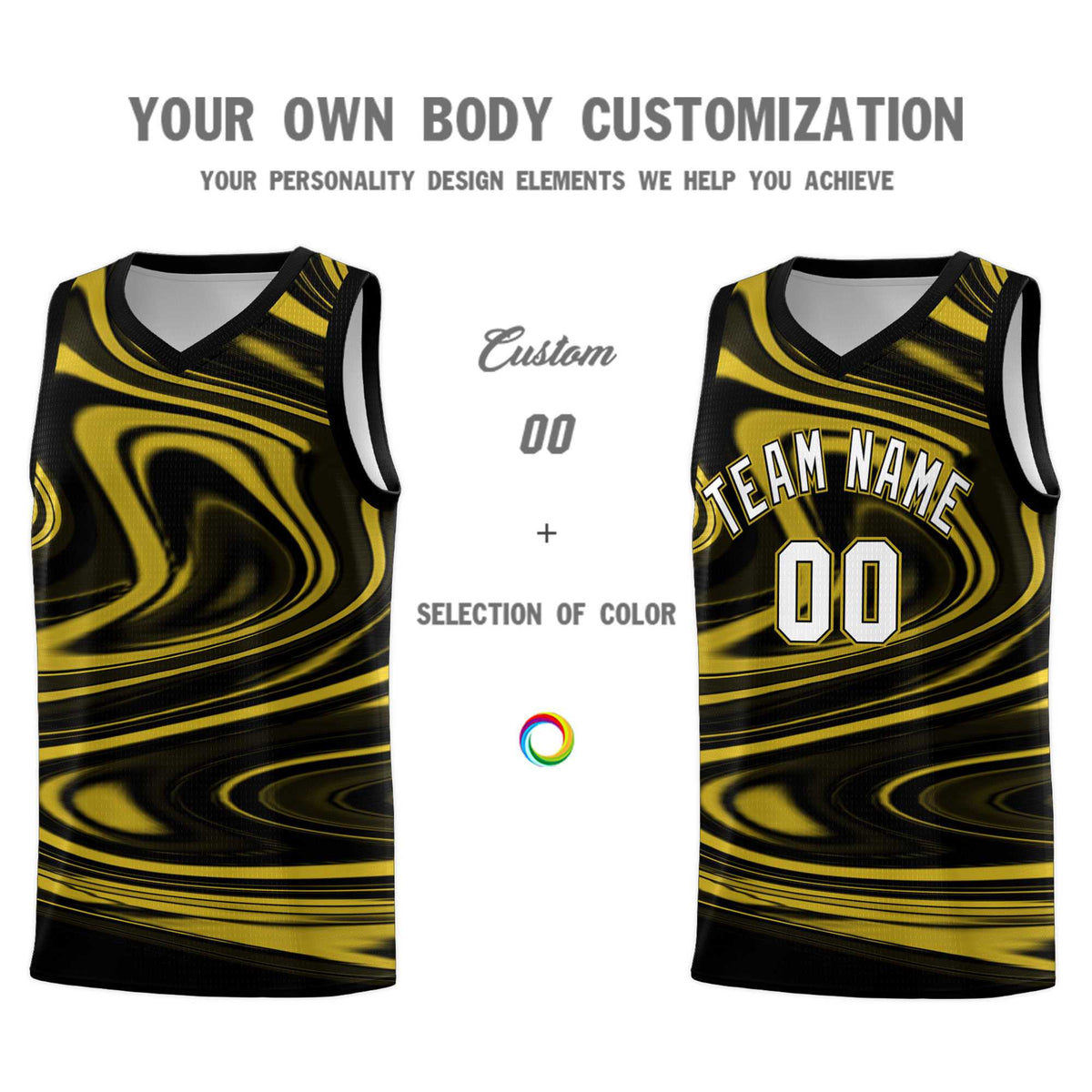 Custom Black Old Gold Graffiti Pattern Fluids Style Sports Uniform Basketball Jersey Kits|KXKSHOP