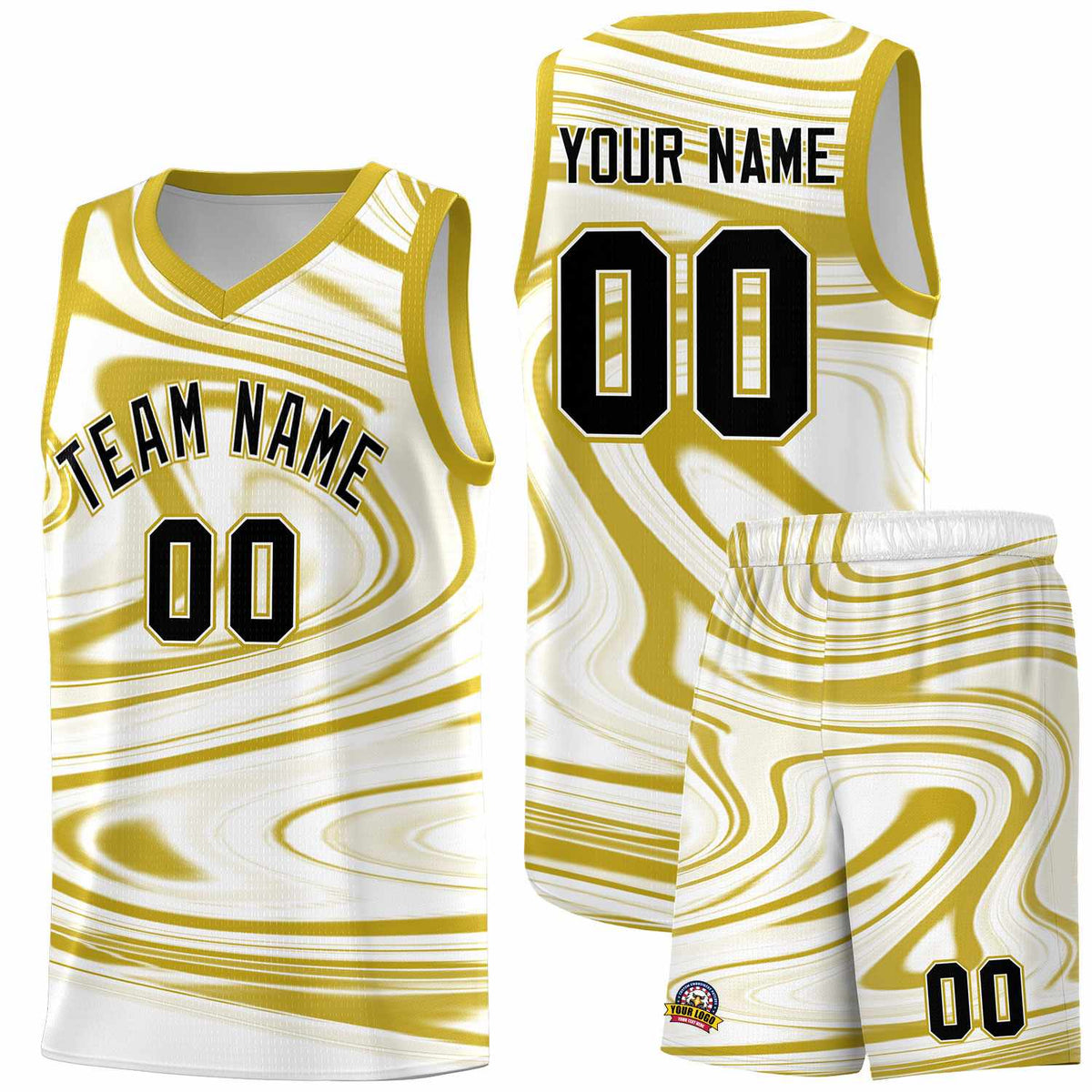 Custom White Old Gold Graffiti Pattern Fluids Style Sports Uniform Basketball Jersey Kits|KXKSHOP