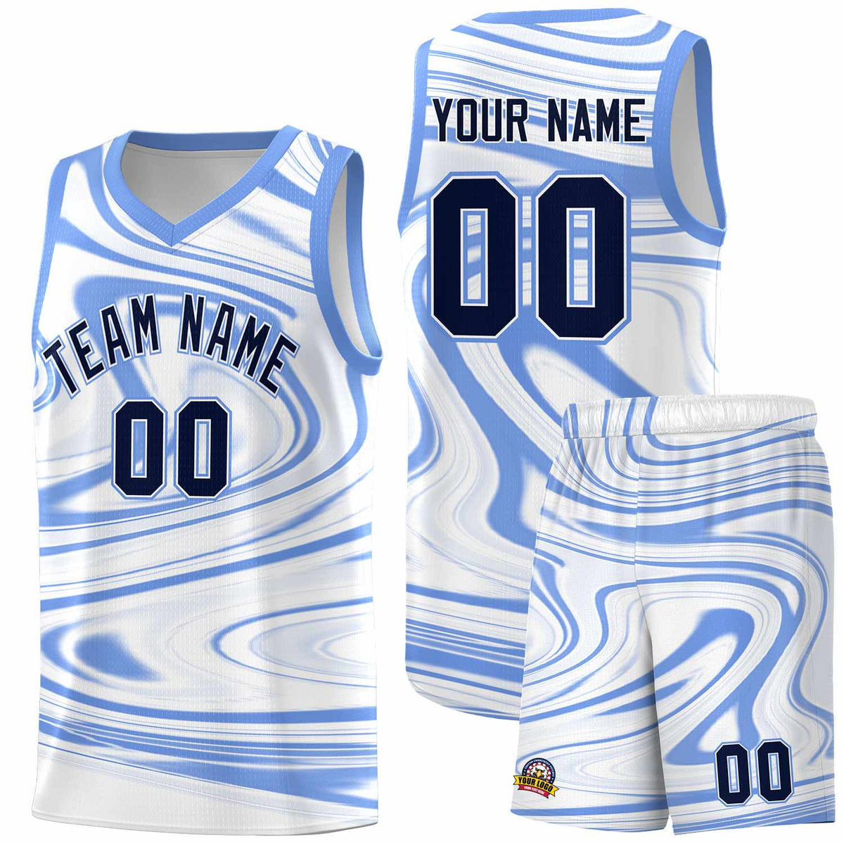Custom White Light Blue Graffiti Pattern Fluids Style Sports Uniform Basketball Jersey Kits|KXKSHOP