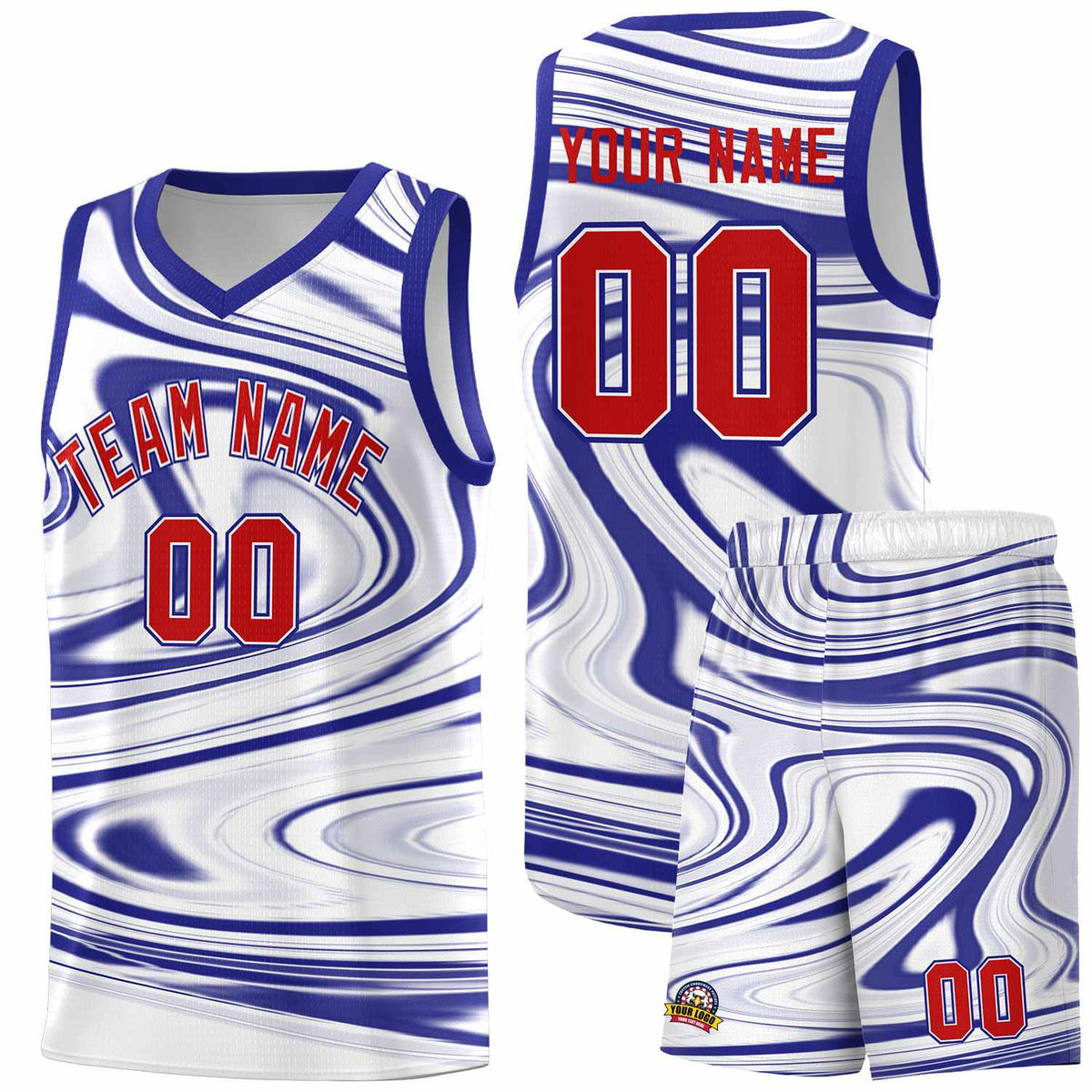 Custom White Royal Graffiti Pattern Fluids Style Sports Uniform Basketball Jersey Kits|KXKSHOP