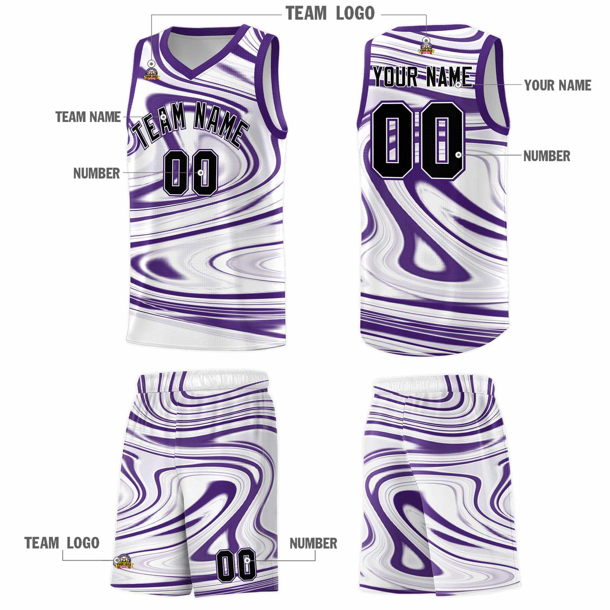 Custom White Purple Graffiti Pattern Fluids Style Sports Uniform Basketball Jersey Kits|KXKSHOP