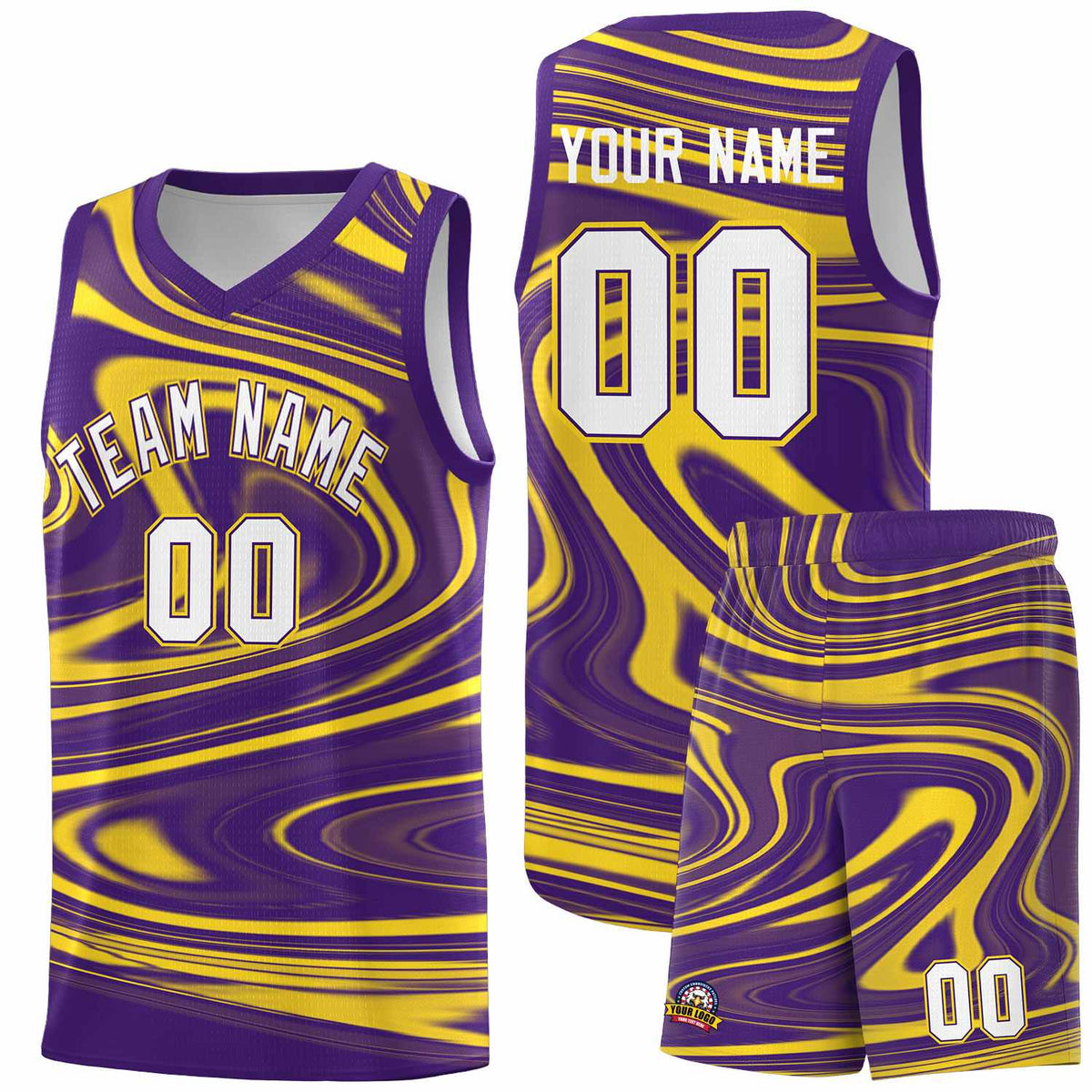 Custom Purple Gold Graffiti Pattern Fluids Style Sports Uniform Basketball Jersey Kits|KXKSHOP