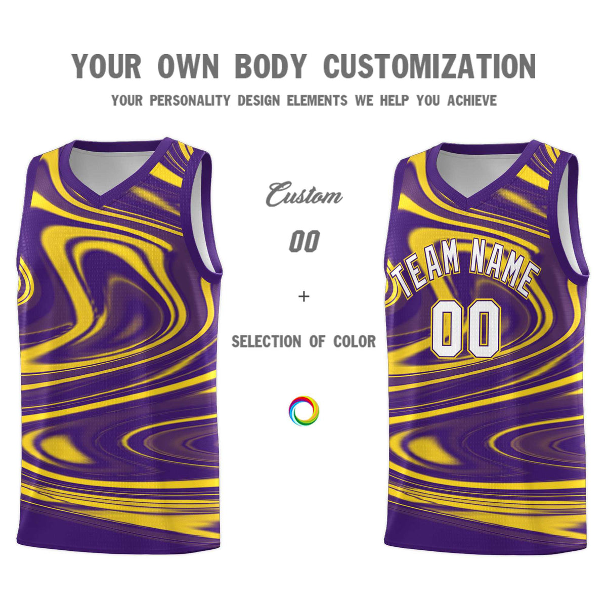 Custom Purple Gold Graffiti Pattern Fluids Style Sports Uniform Basketball Jersey Kits|KXKSHOP