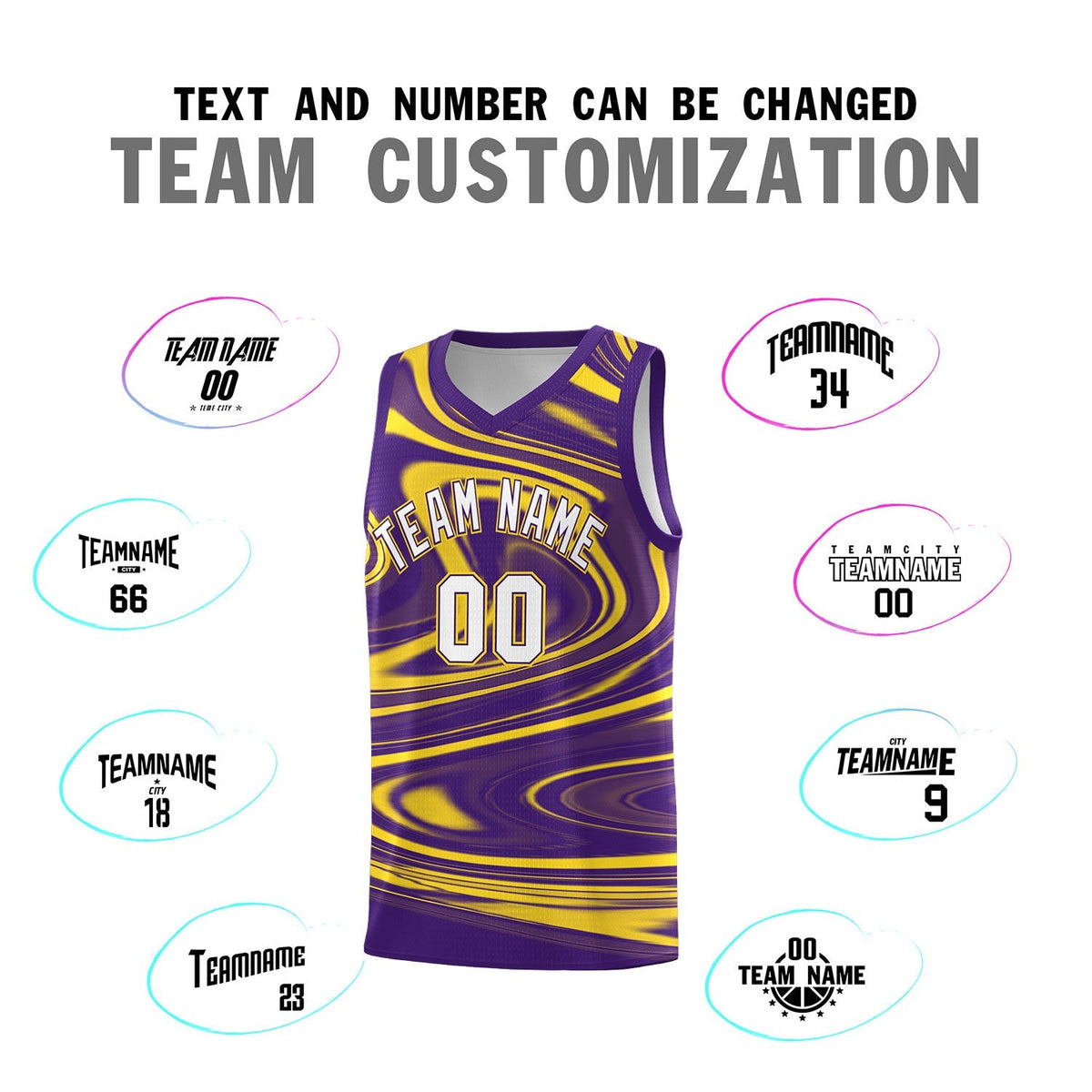 Custom Purple Gold Graffiti Pattern Fluids Style Sports Uniform Basketball Jersey Kits|KXKSHOP