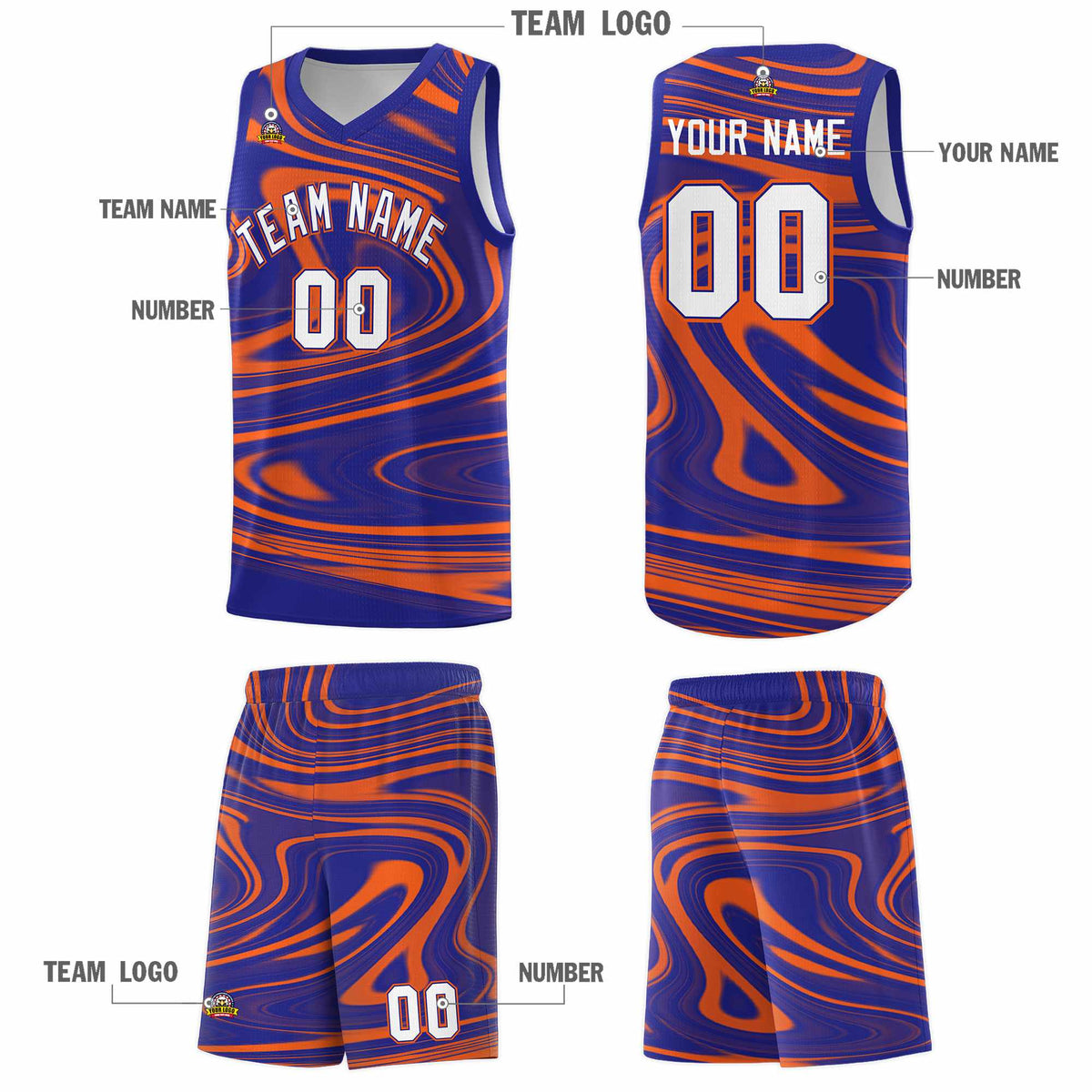 Custom Royal Orange Graffiti Pattern Fluids Style Sports Uniform Basketball Jersey Kits|KXKSHOP