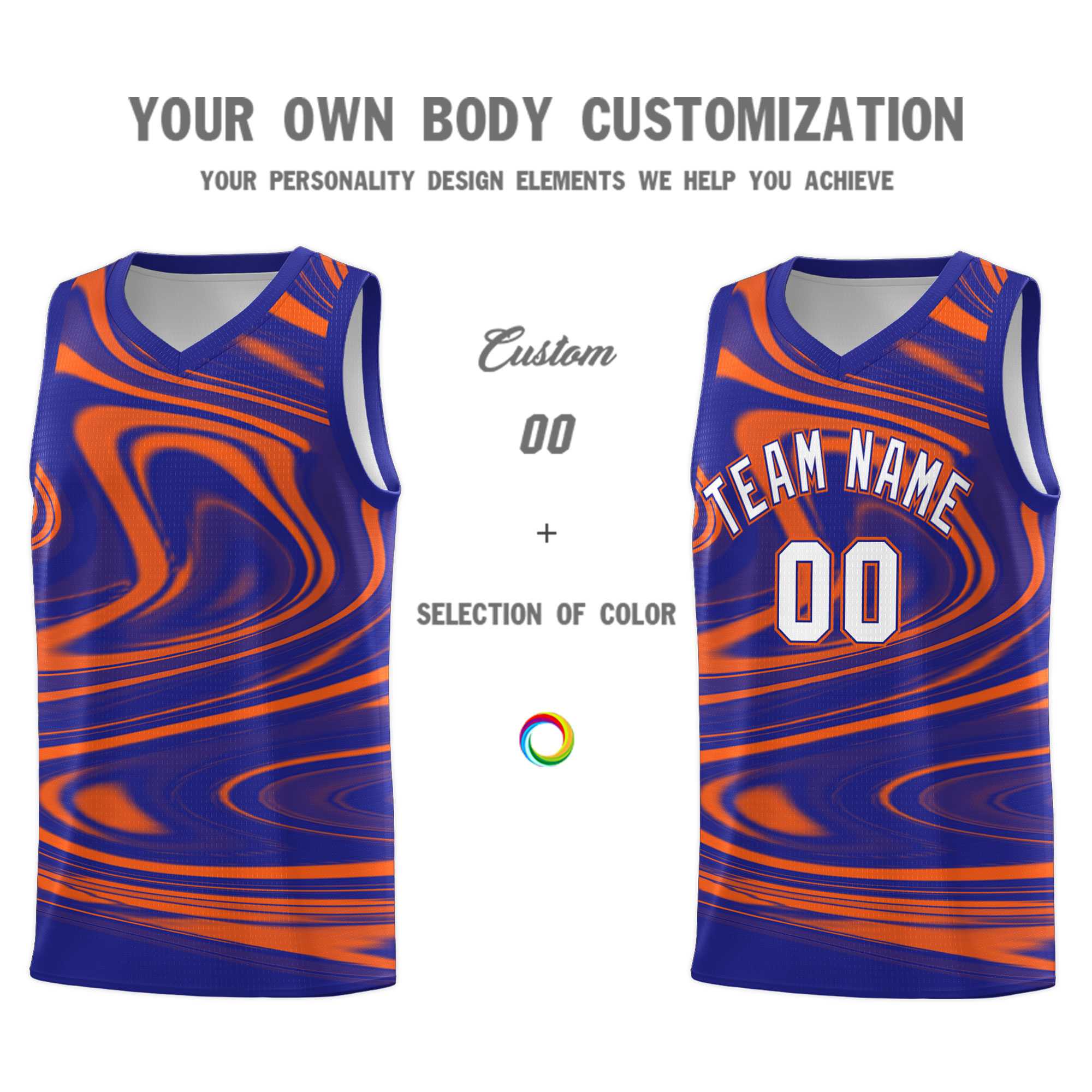 Custom Royal Orange Graffiti Pattern Fluids Style Sports Uniform Basketball Jersey Kits|KXKSHOP