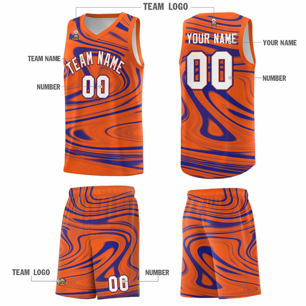 Custom Orange Royal Graffiti Pattern Fluids Style Sports Uniform Basketball Jersey Kits|KXKSHOP