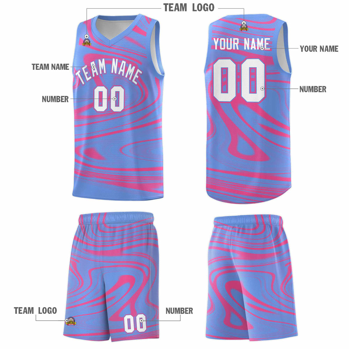 Custom Light Blue Pink Graffiti Pattern Fluids Style Sports Uniform Basketball Jersey Kits|KXKSHOP