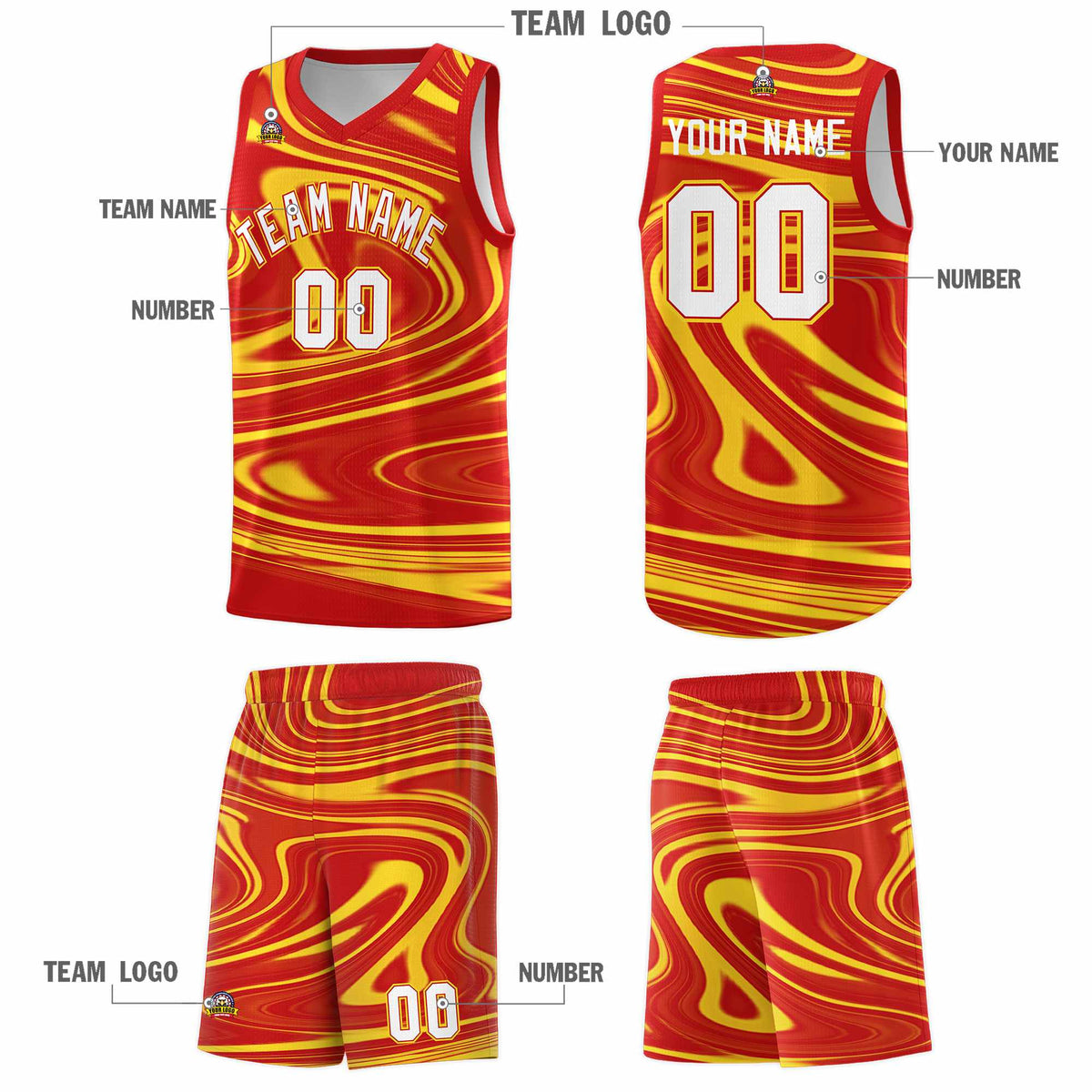 Custom Red Gold Graffiti Pattern Fluids Style Sports Uniform Basketball Jersey Kits|KXKSHOP