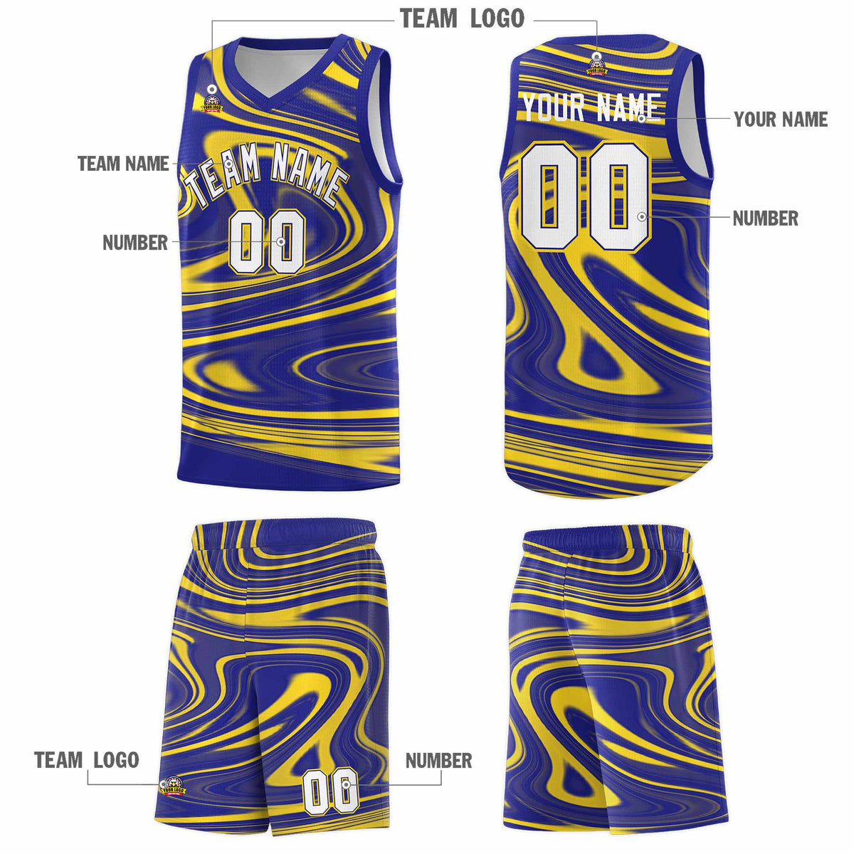 Custom Royal Gold Graffiti Pattern Fluids Style Sports Uniform Basketball Jersey Kits|KXKSHOP