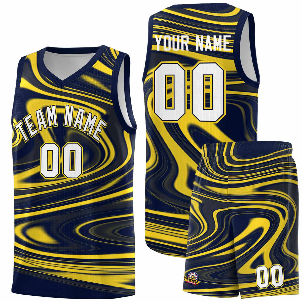 Custom Navy Gold Graffiti Pattern Fluids Style Sports Uniform Basketball Jersey Kits|KXKSHOP