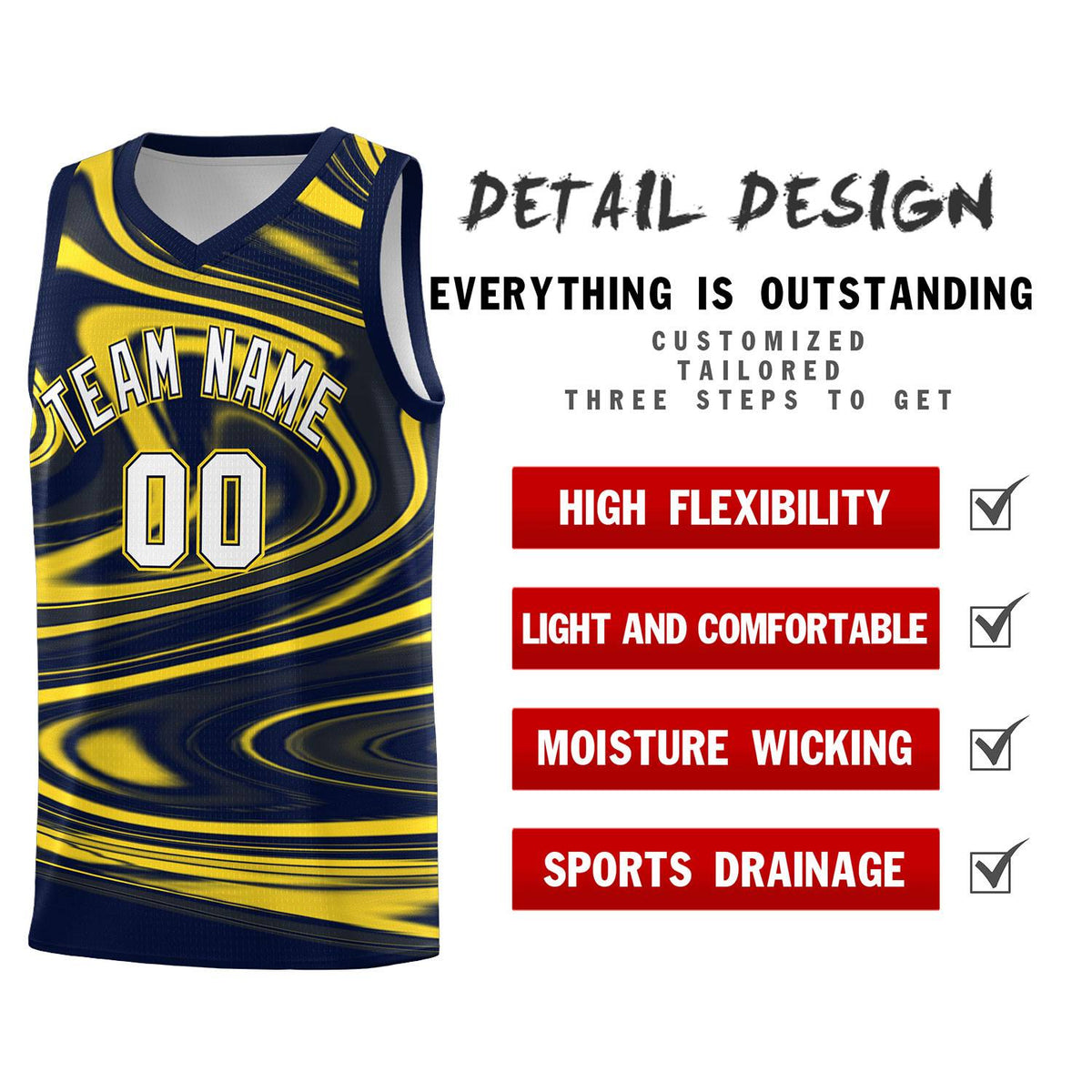 Custom Navy Gold Graffiti Pattern Fluids Style Sports Uniform Basketball Jersey Kits|KXKSHOP