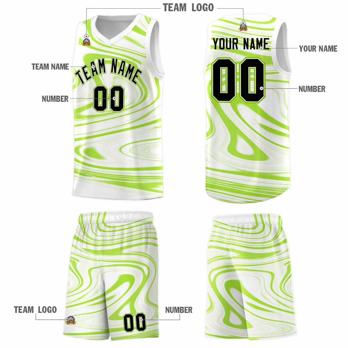 Custom White Light Green Graffiti Pattern Fluids Style Sports Uniform Basketball Jersey Kits|KXKSHOP